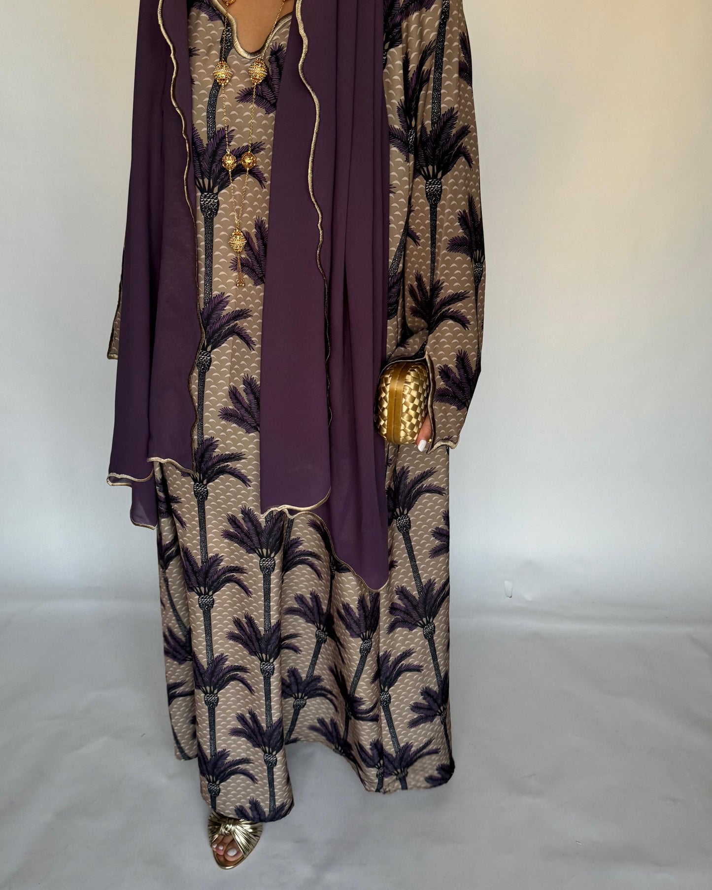 A343 - Dark Beige & Purple Palm Tree Pattern Jalabiya and Head Scarf