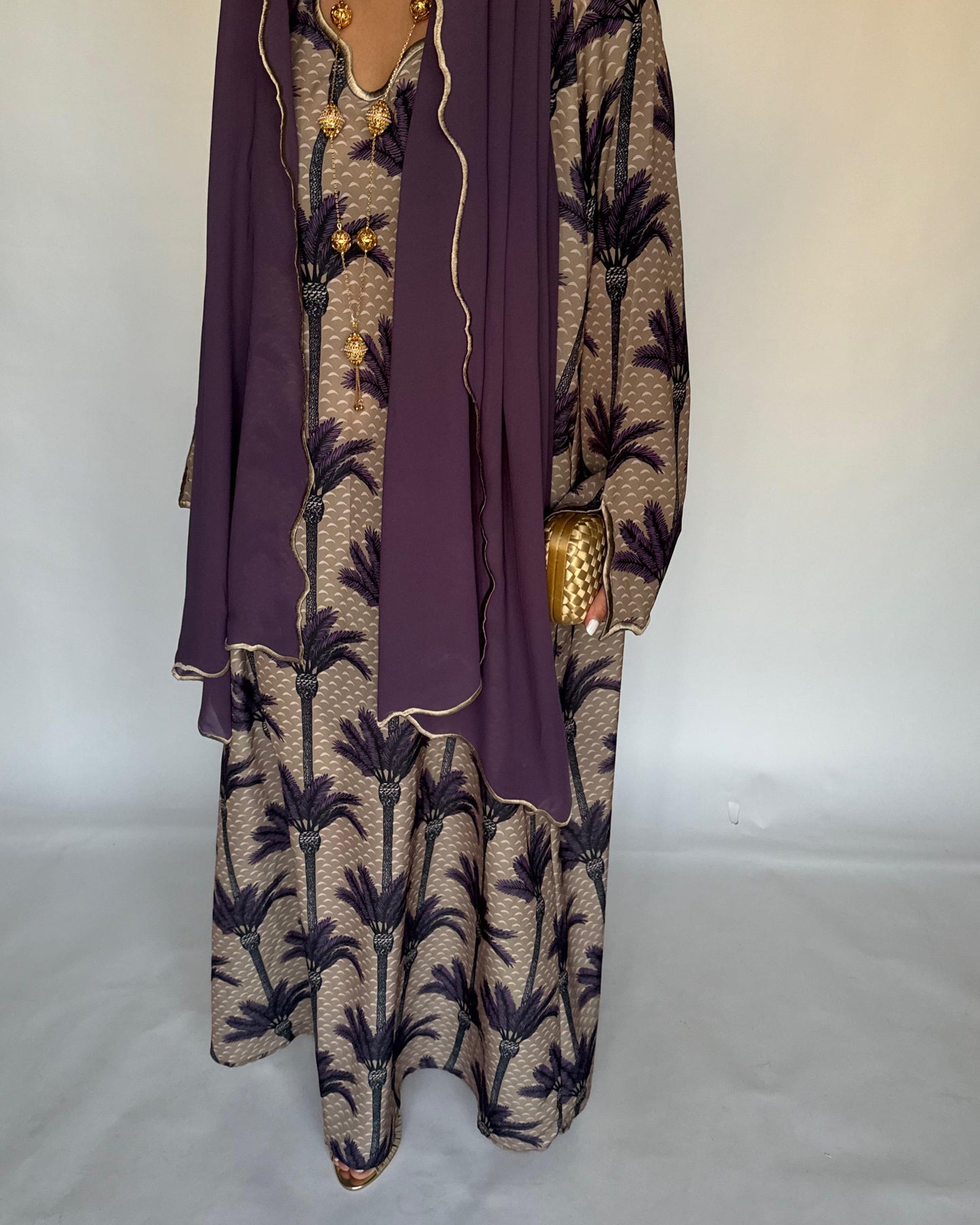 A343 - Dark Beige & Purple Palm Tree Pattern Jalabiya and Head Scarf