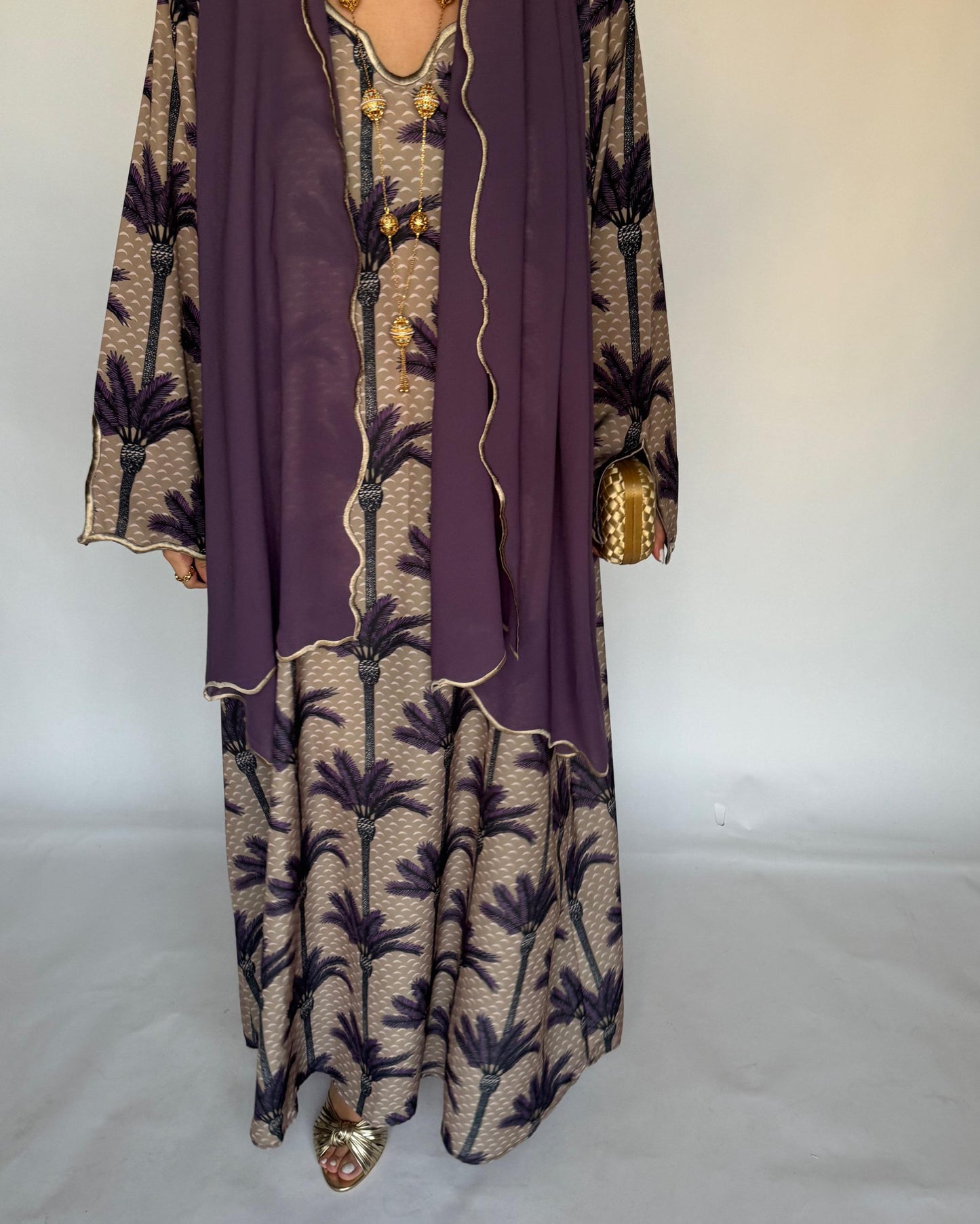 A343 - Dark Beige & Purple Palm Tree Pattern Jalabiya and Head Scarf