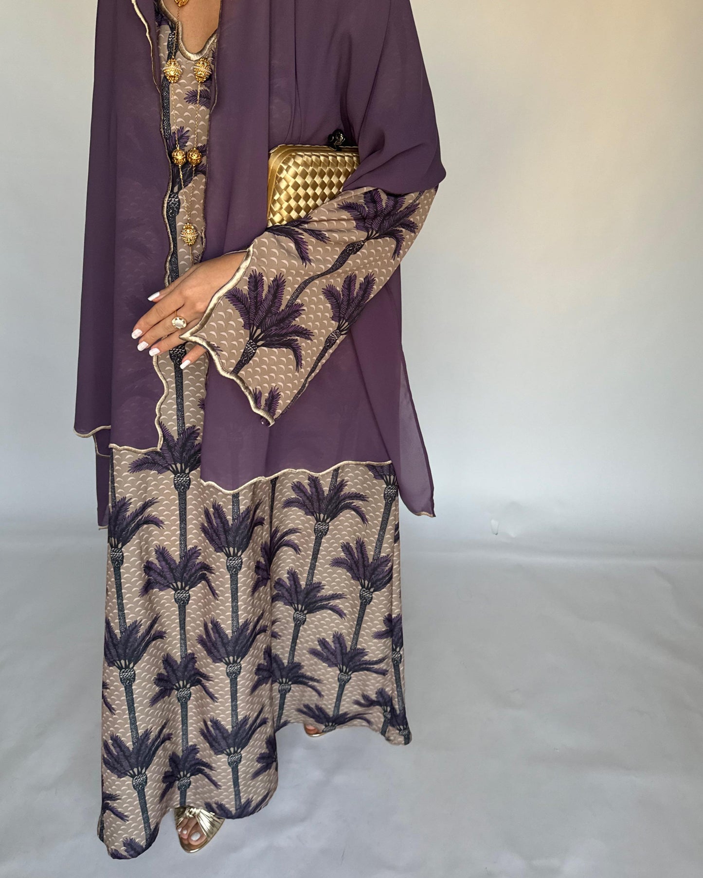 A343 - Dark Beige & Purple Palm Tree Pattern Jalabiya and Head Scarf