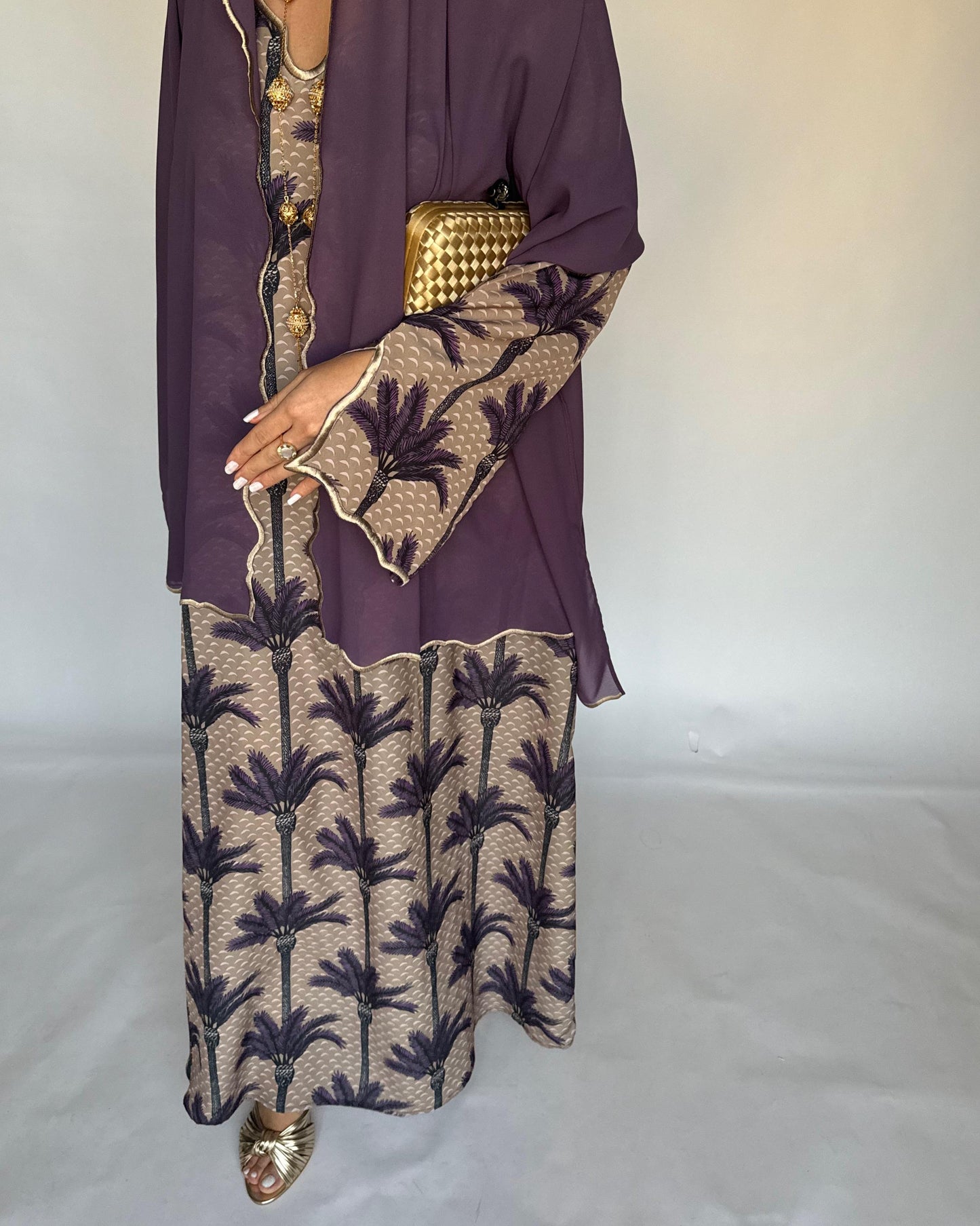 A343 - Dark Beige & Purple Palm Tree Pattern Jalabiya and Head Scarf