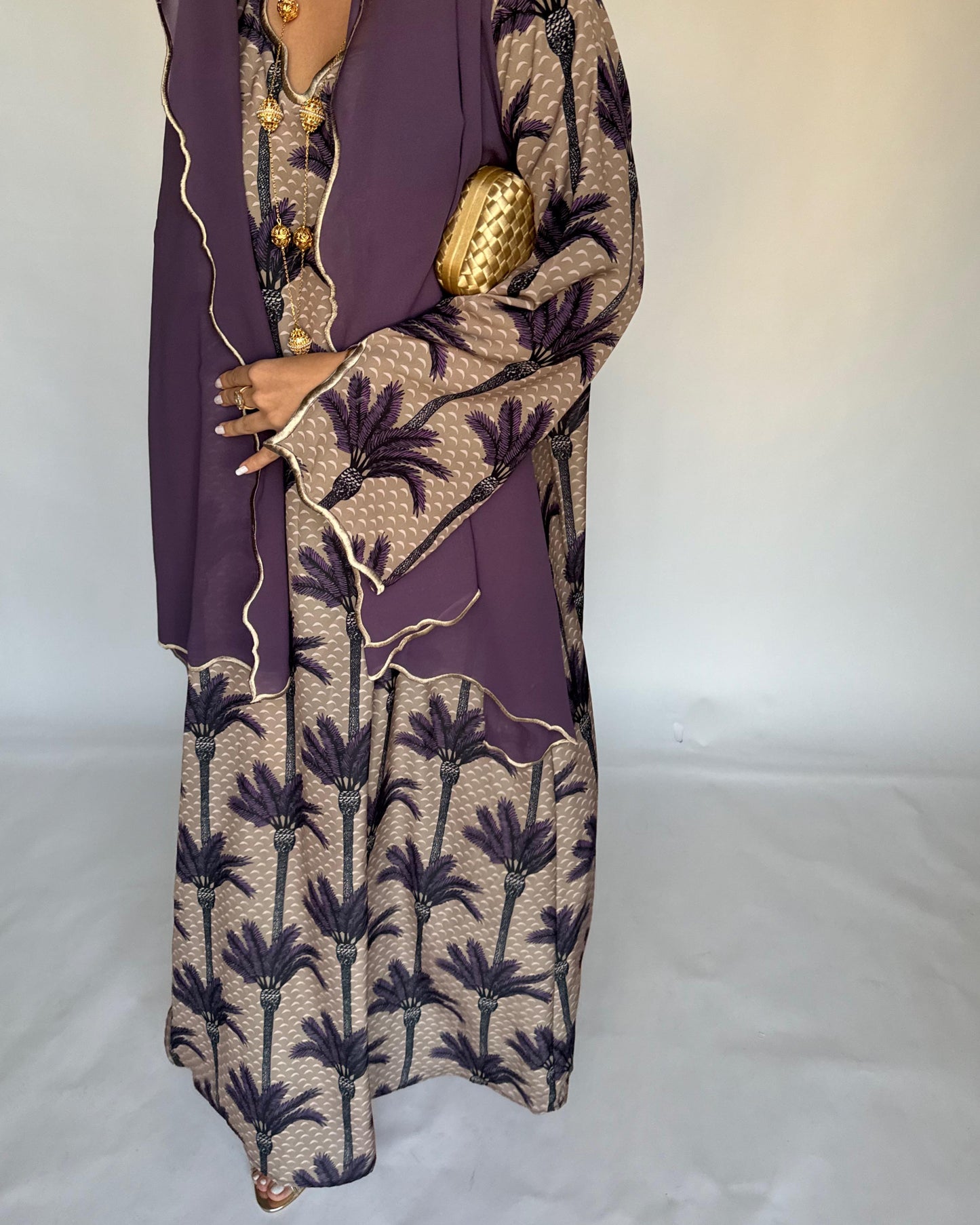A343 - Dark Beige & Purple Palm Tree Pattern Jalabiya and Head Scarf