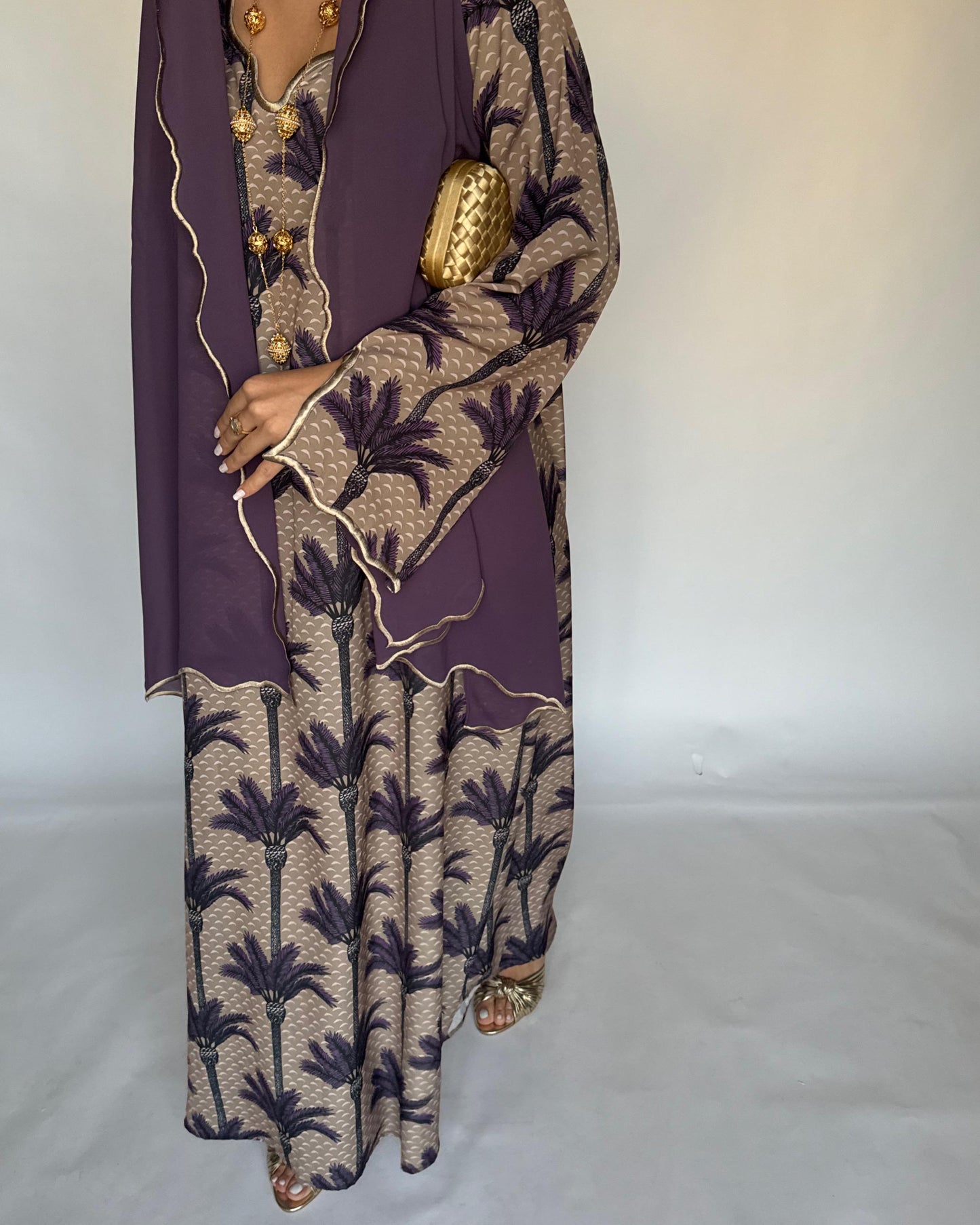 A343 - Dark Beige & Purple Palm Tree Pattern Jalabiya and Head Scarf