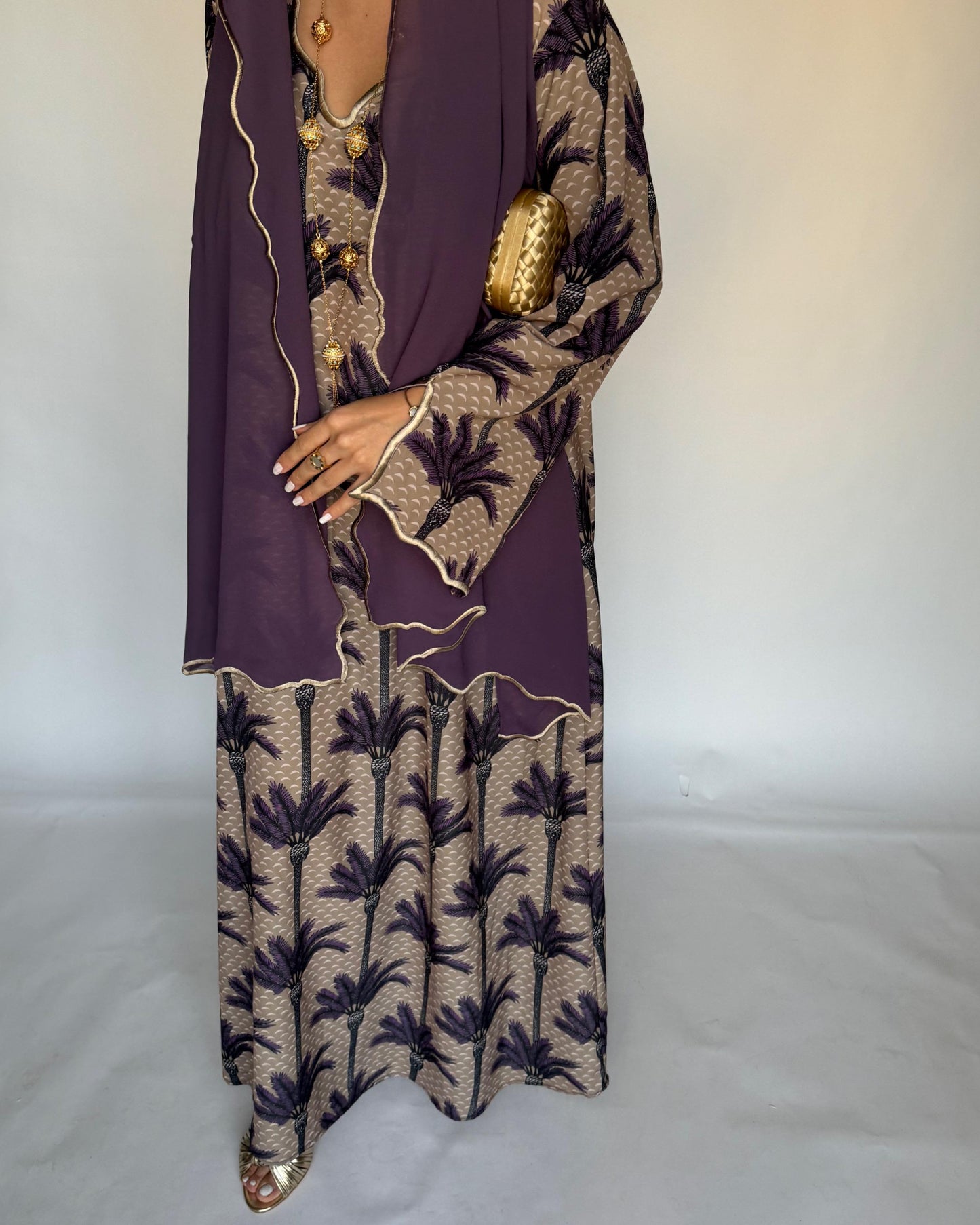 A343 - Dark Beige & Purple Palm Tree Pattern Jalabiya and Head Scarf