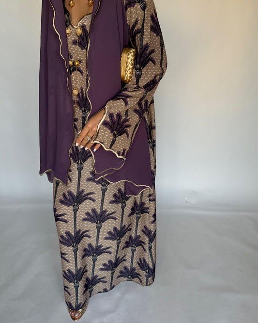 A343 - Dark Beige & Purple Palm Tree Pattern Jalabiya and Head Scarf
