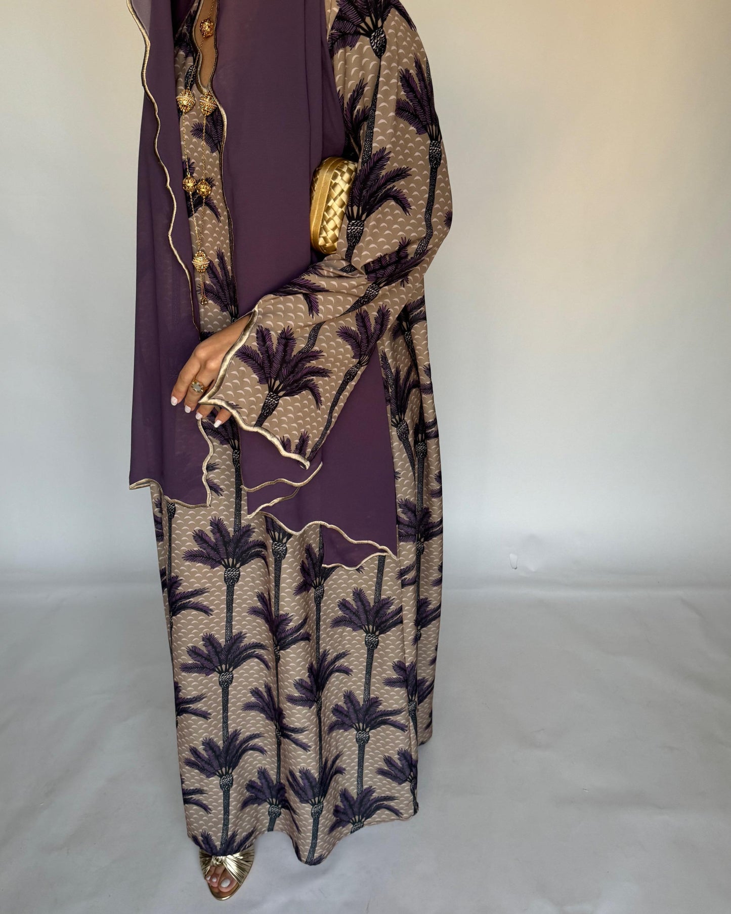 A343 - Dark Beige & Purple Palm Tree Pattern Jalabiya and Head Scarf