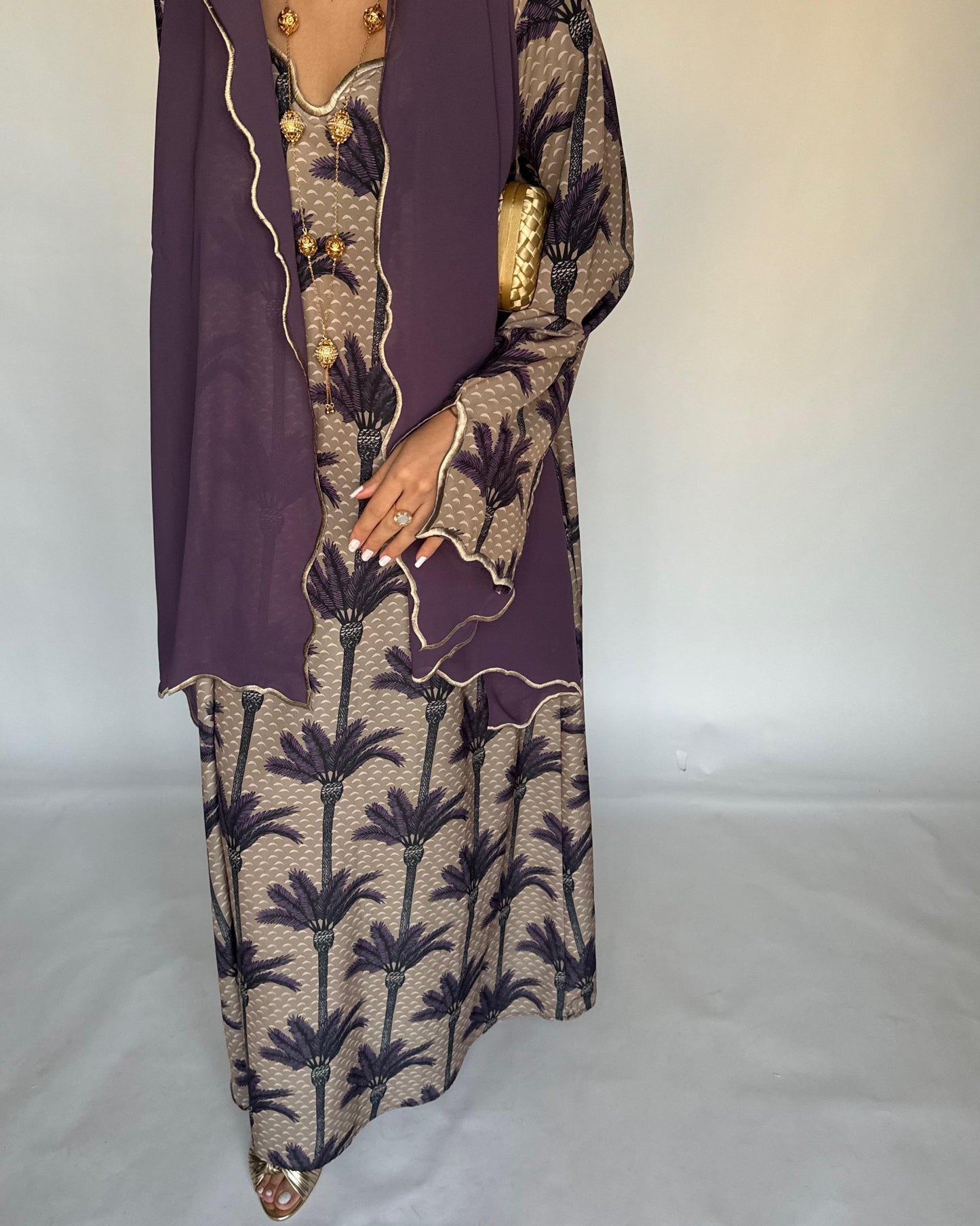 A343 - Dark Beige & Purple Palm Tree Pattern Jalabiya and Head Scarf