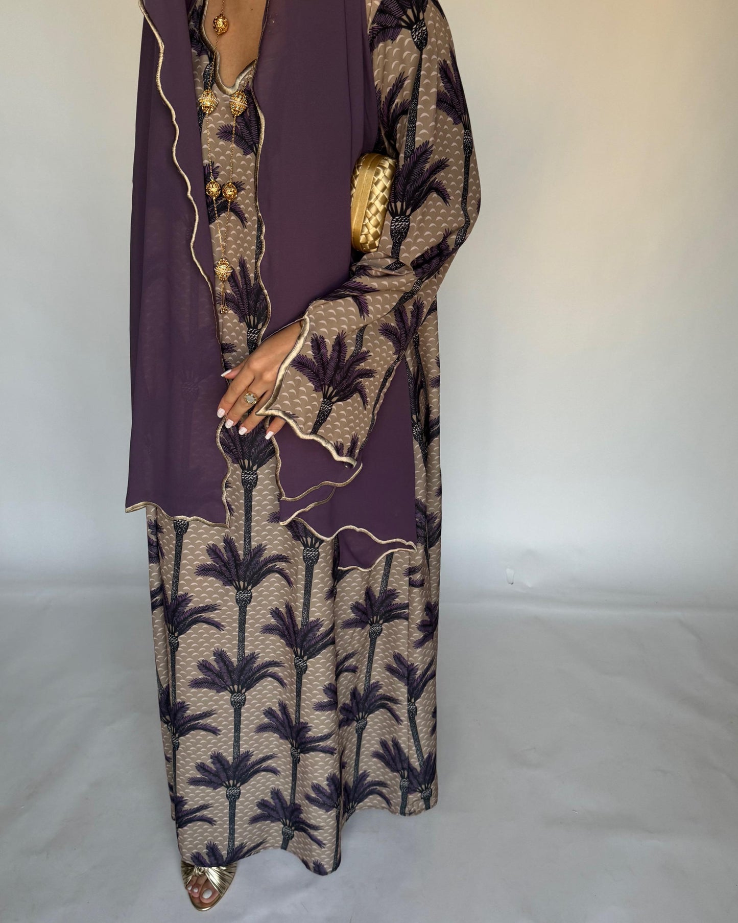 A343 - Dark Beige & Purple Palm Tree Pattern Jalabiya and Head Scarf