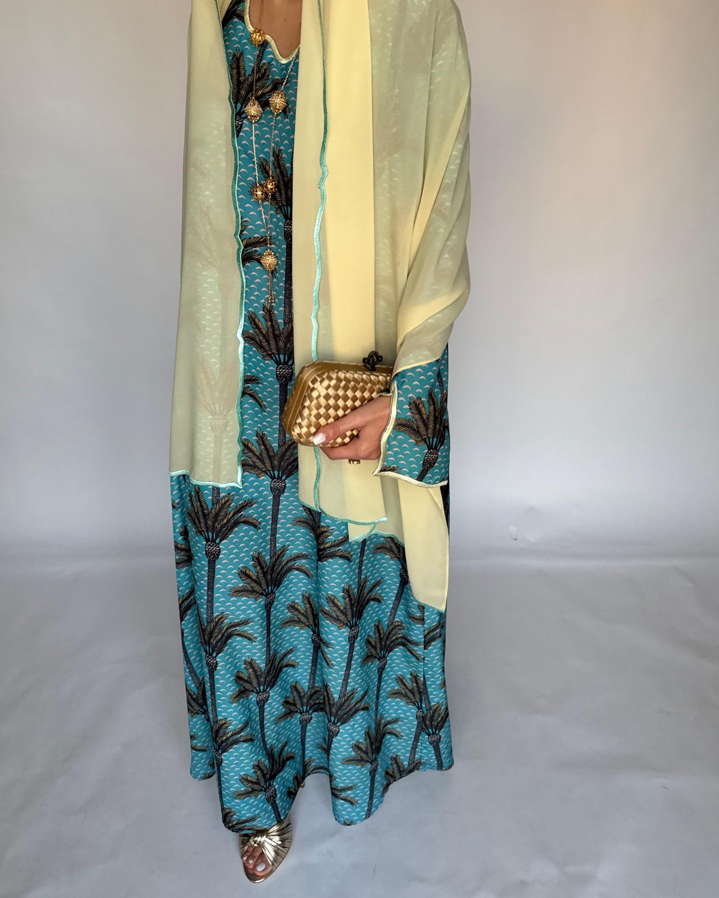A344 - Baby Blue & Yellow Palm Tree Pattern Jalabiya and Head Scarf