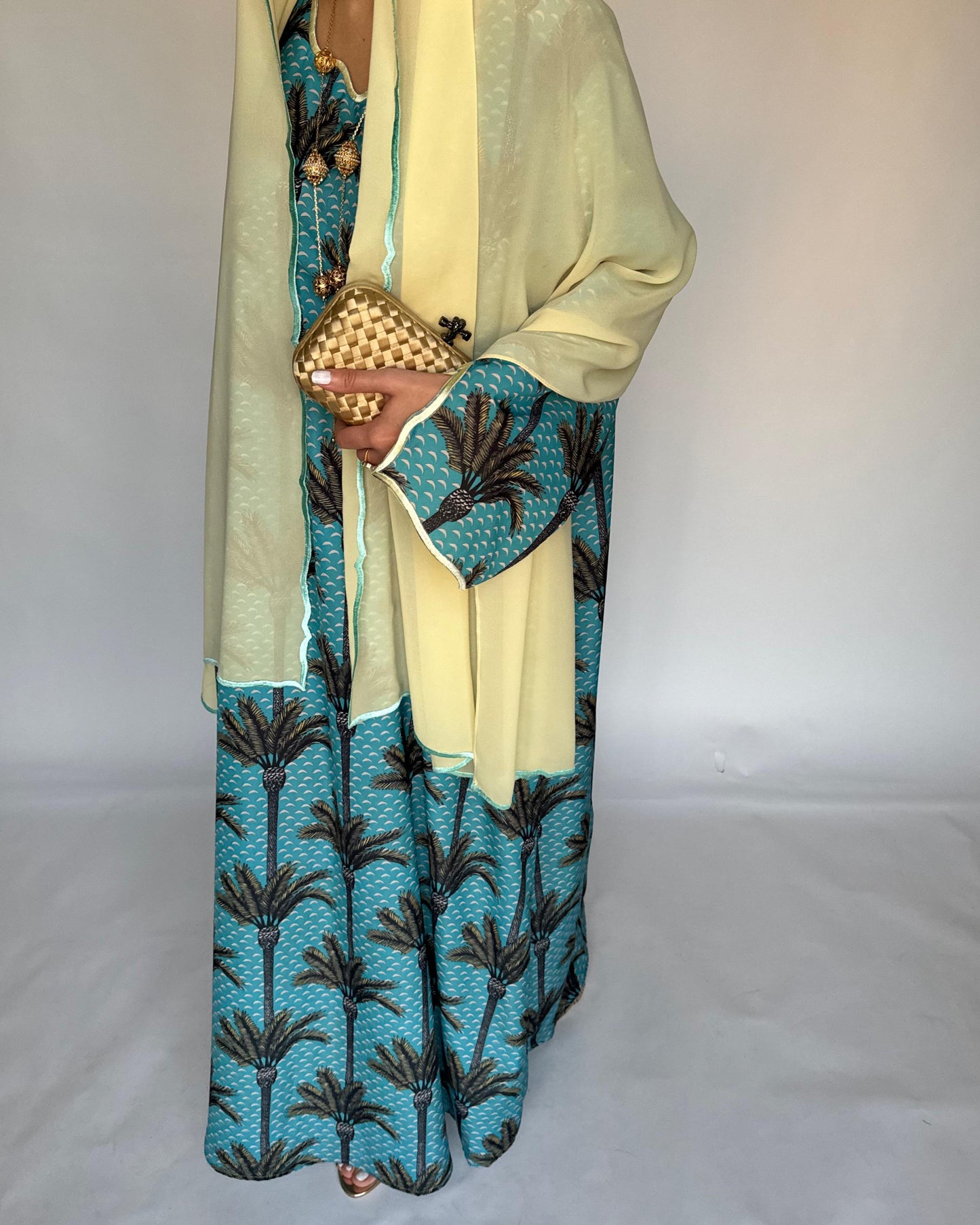 A344 - Baby Blue & Yellow Palm Tree Pattern Jalabiya and Head Scarf