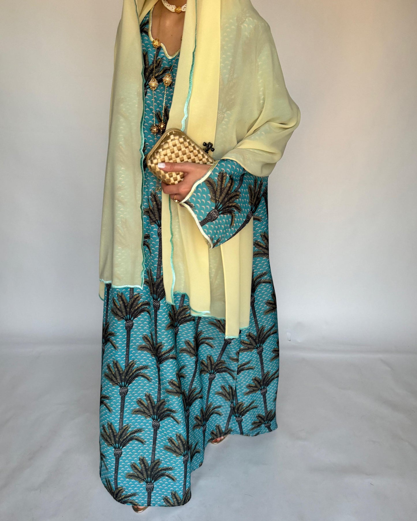 A344 - Baby Blue & Yellow Palm Tree Pattern Jalabiya and Head Scarf