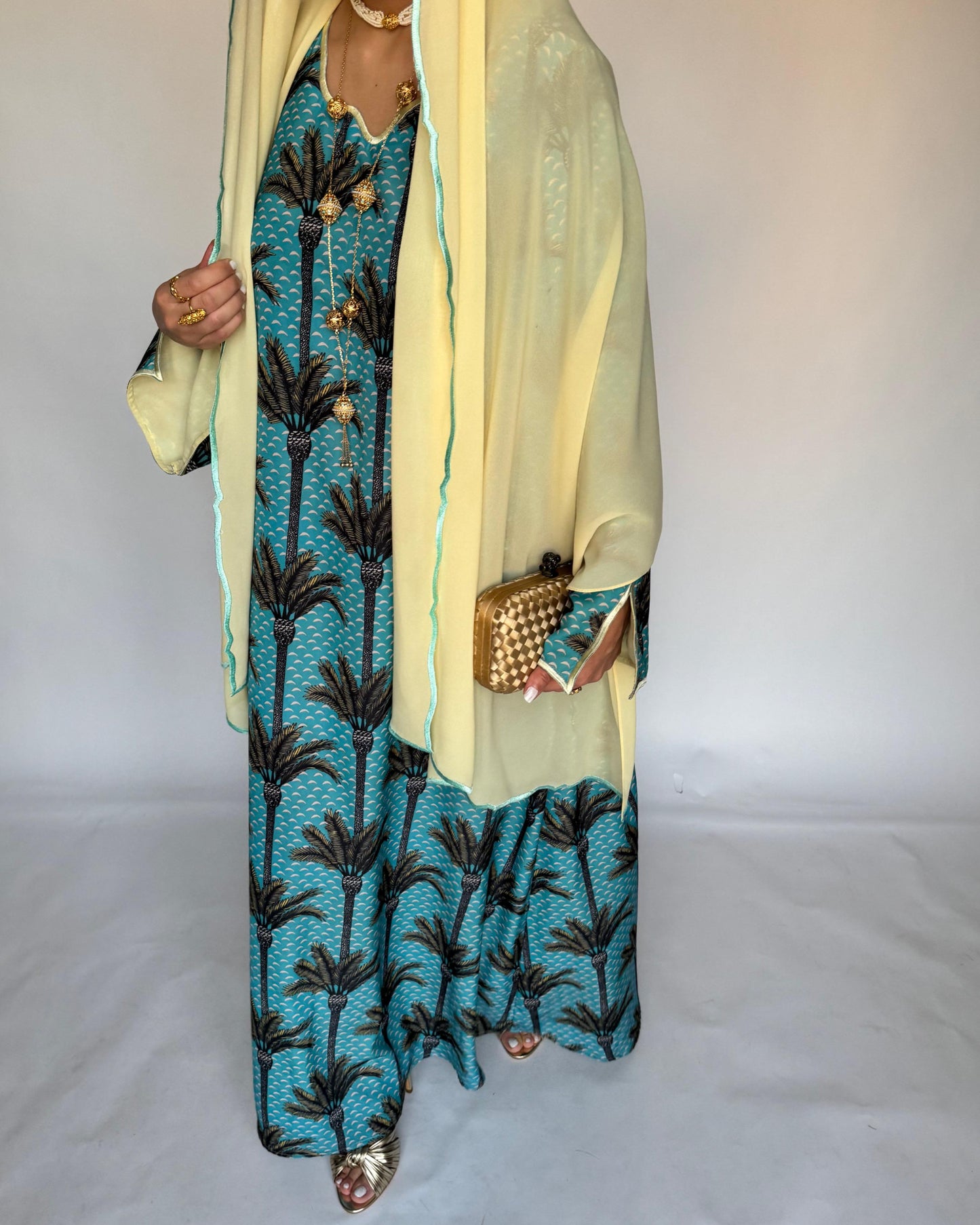 A344 - Baby Blue & Yellow Palm Tree Pattern Jalabiya and Head Scarf