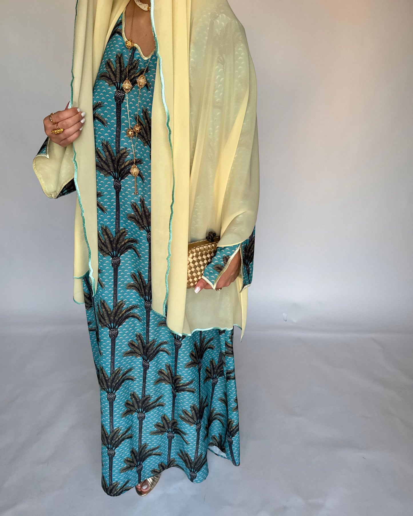 A344 - Baby Blue & Yellow Palm Tree Pattern Jalabiya and Head Scarf