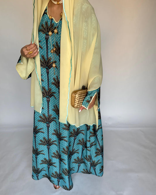 A344 - Baby Blue & Yellow Palm Tree Pattern Jalabiya and Head Scarf