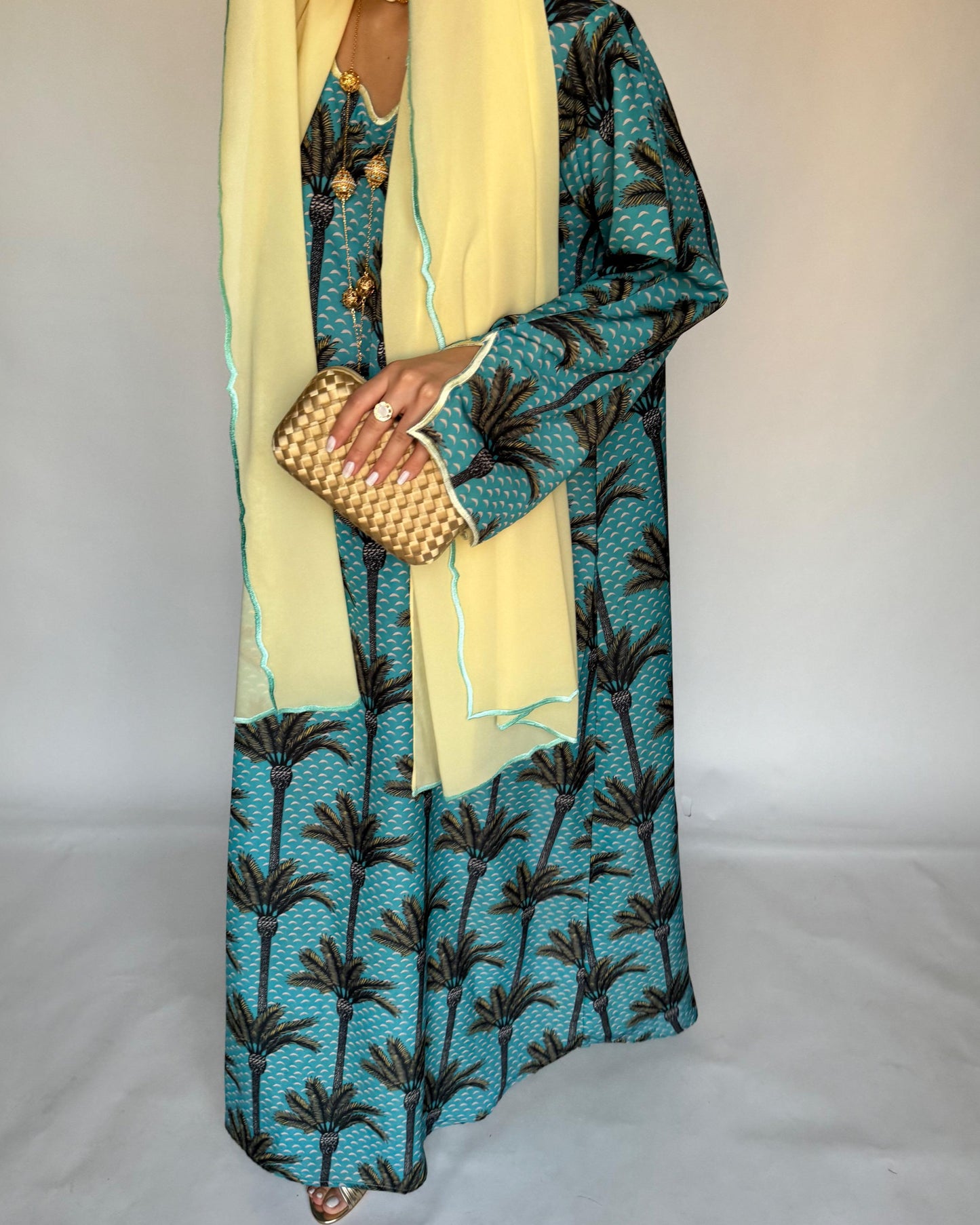 A344 - Baby Blue & Yellow Palm Tree Pattern Jalabiya and Head Scarf