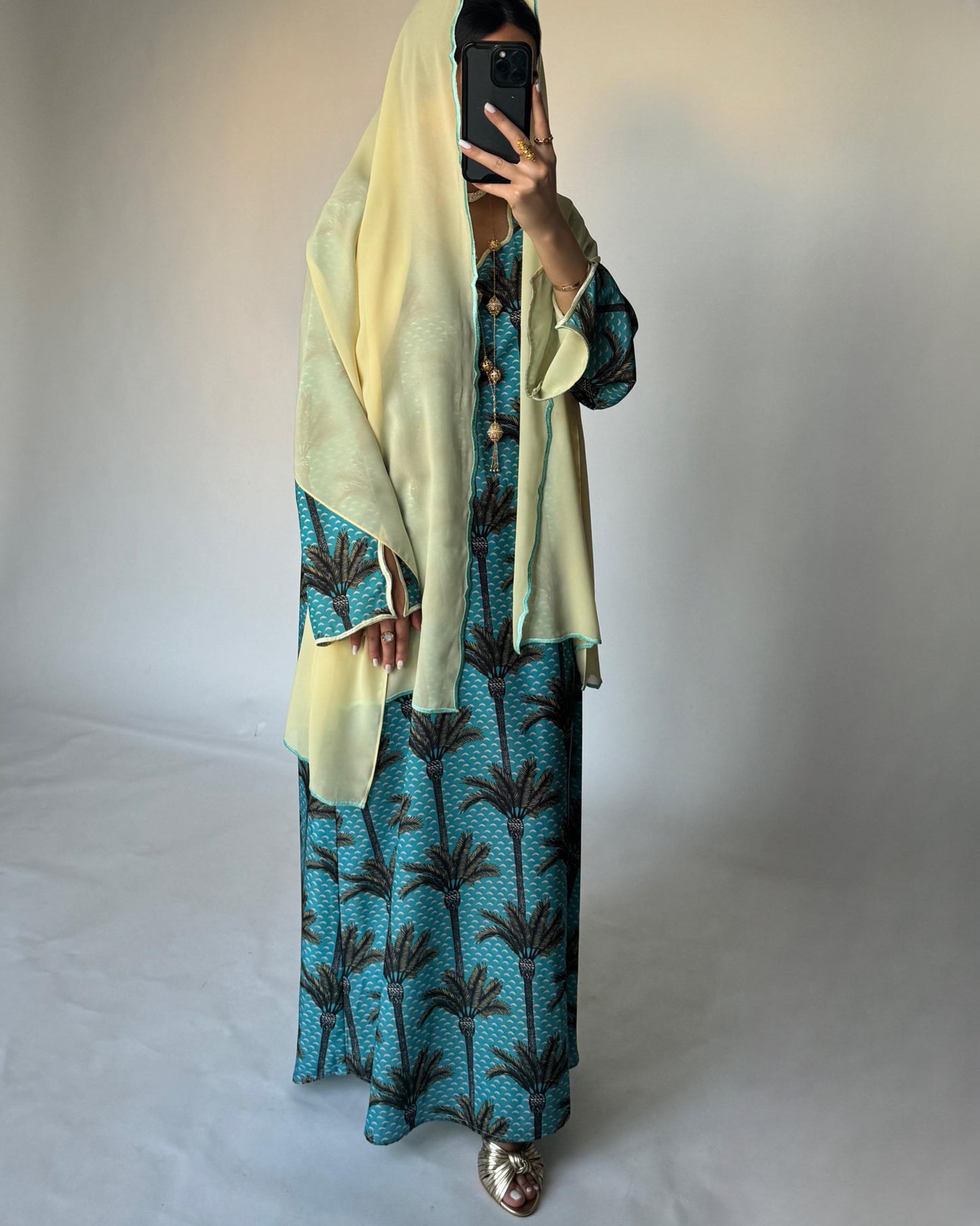 A344 - Baby Blue & Yellow Palm Tree Pattern Jalabiya and Head Scarf
