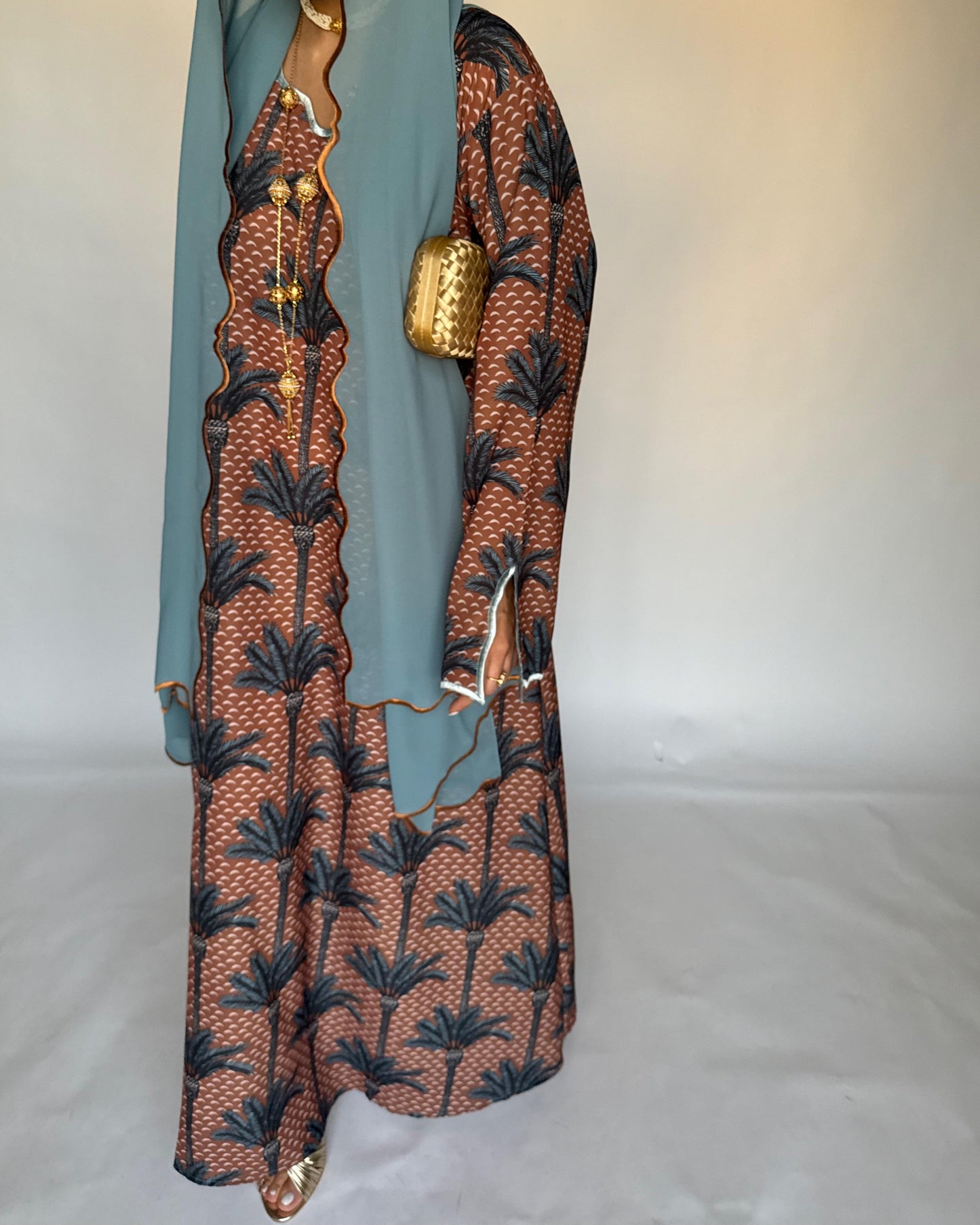 A346 - Brown & Blue Palm Tree Pattern Jalabiya and Head Scarf