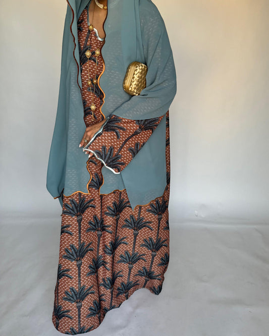 A346 - Brown & Blue Palm Tree Pattern Jalabiya and Head Scarf