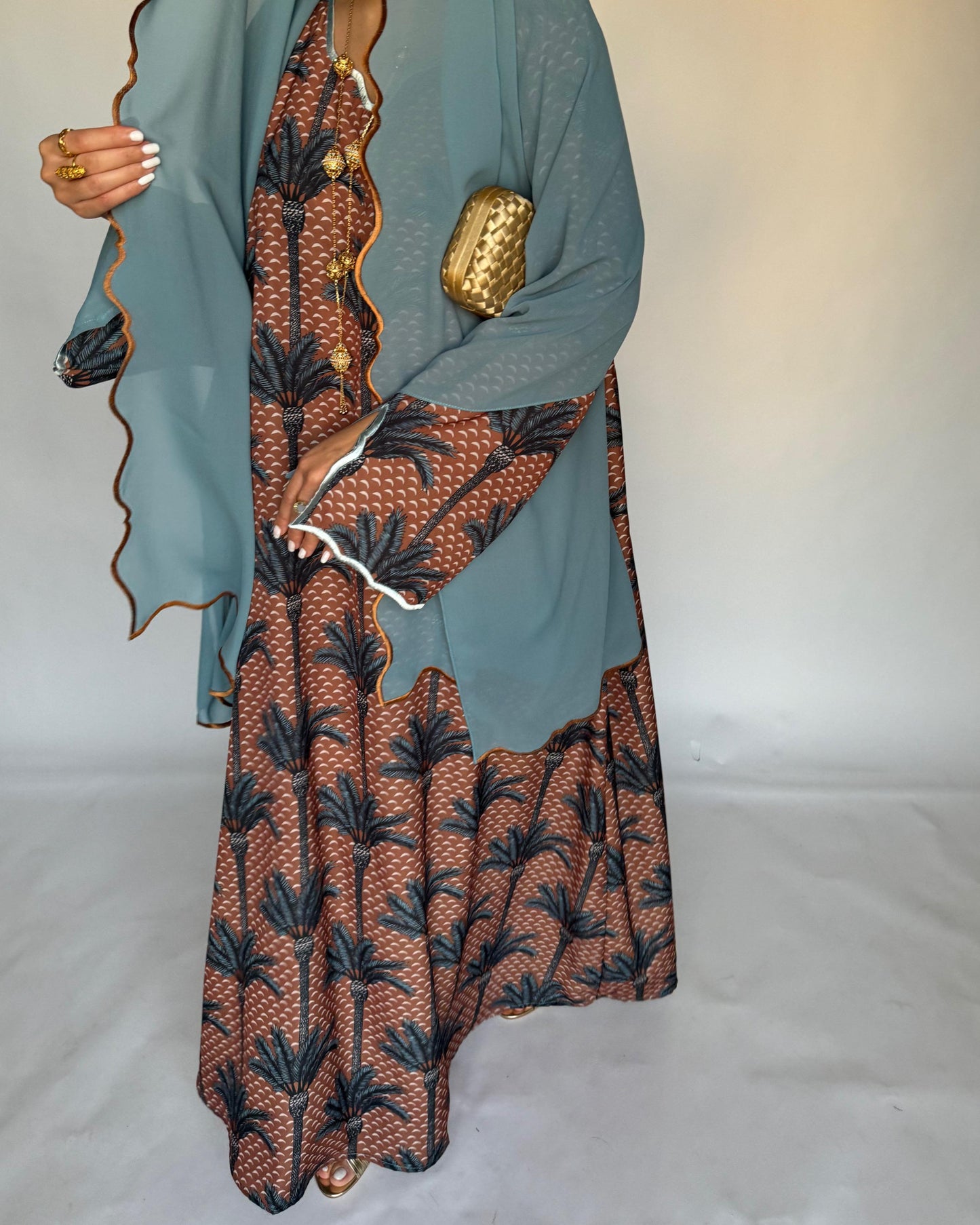 A346 - Brown & Blue Palm Tree Pattern Jalabiya and Head Scarf