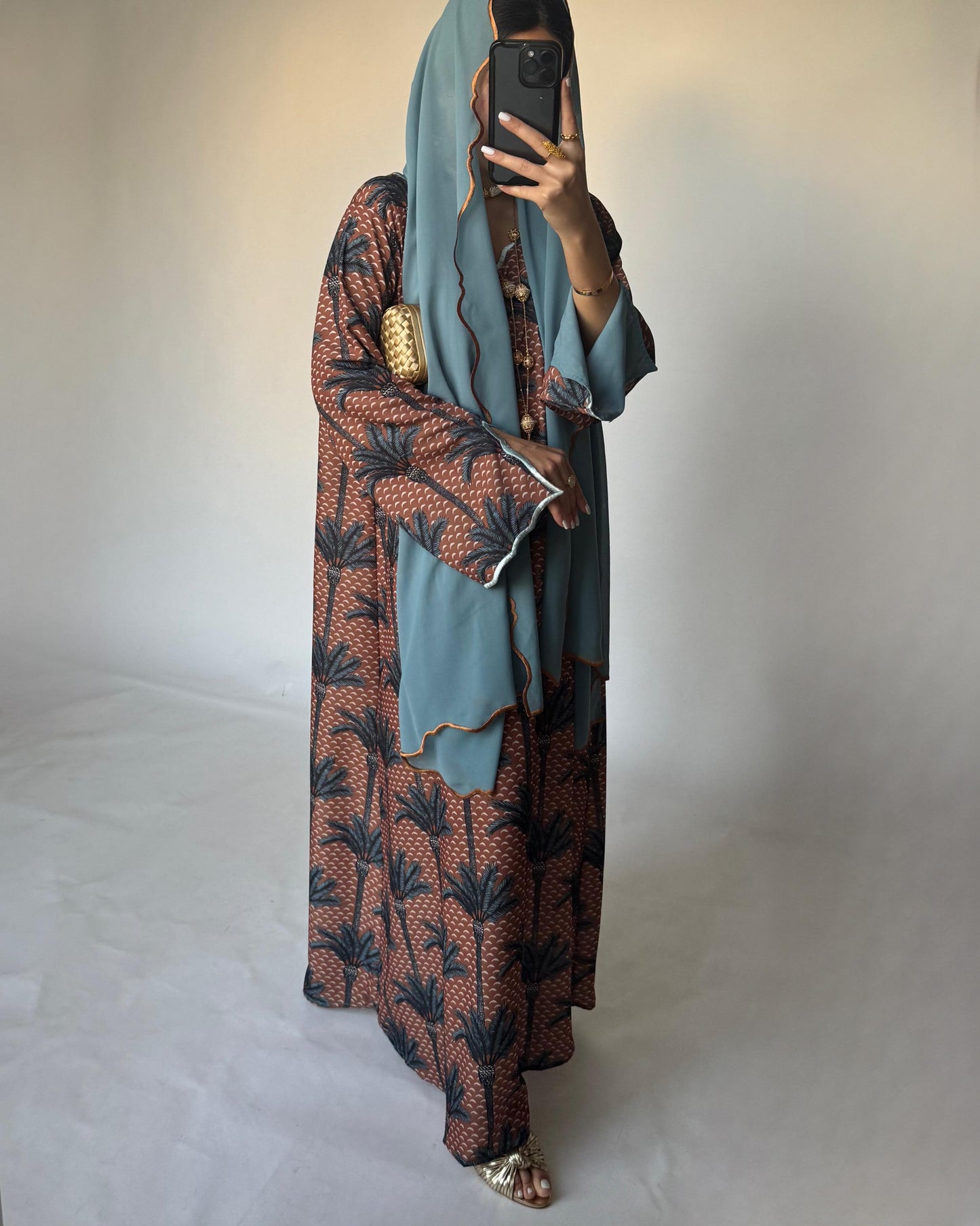 A346 - Brown & Blue Palm Tree Pattern Jalabiya and Head Scarf