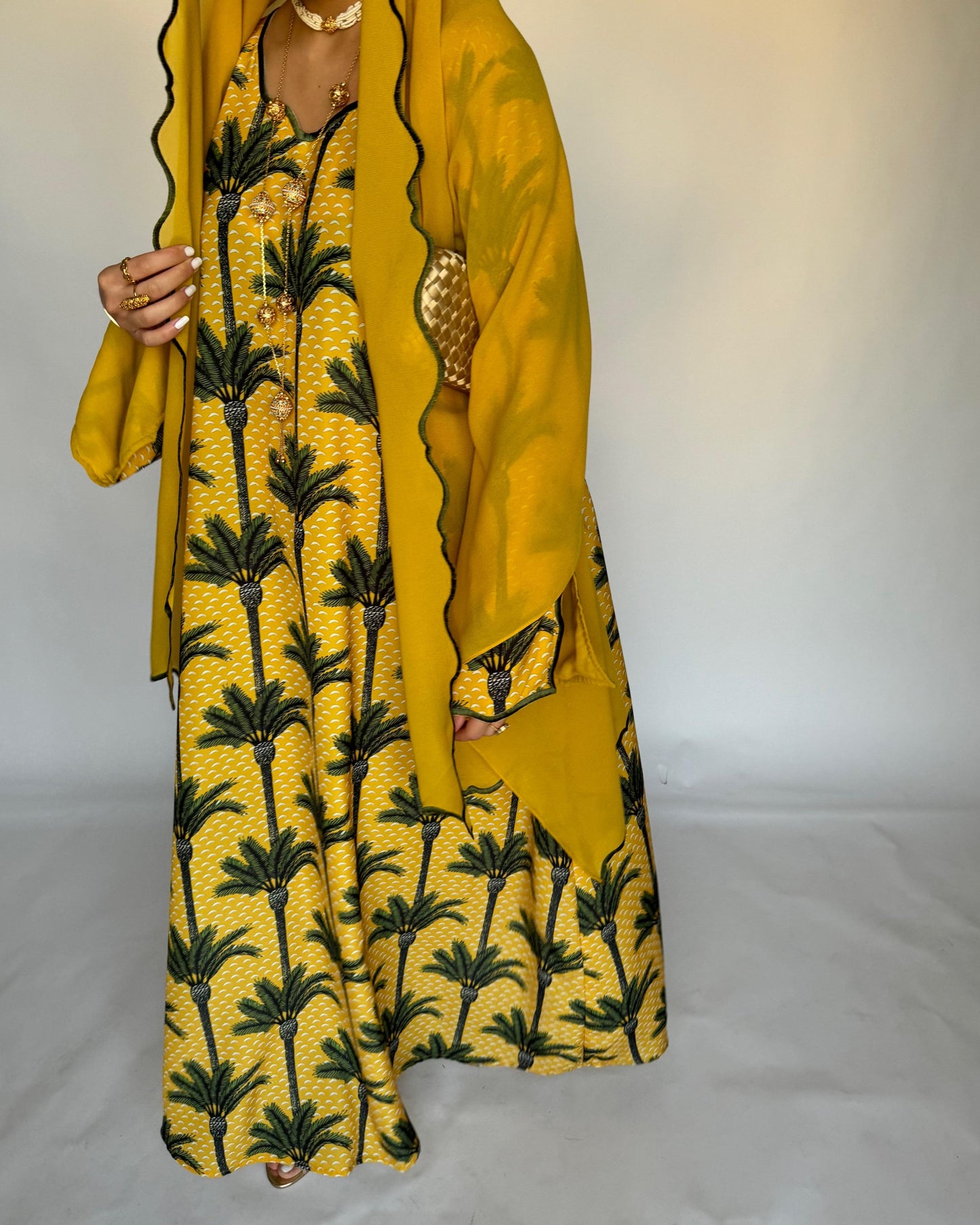 A341 - Yellow & Green Palm Tree Pattern Jalabiya and Head Scarf