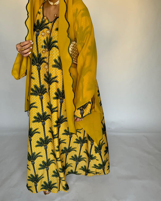 A341 - Yellow & Green Palm Tree Pattern Jalabiya and Head Scarf