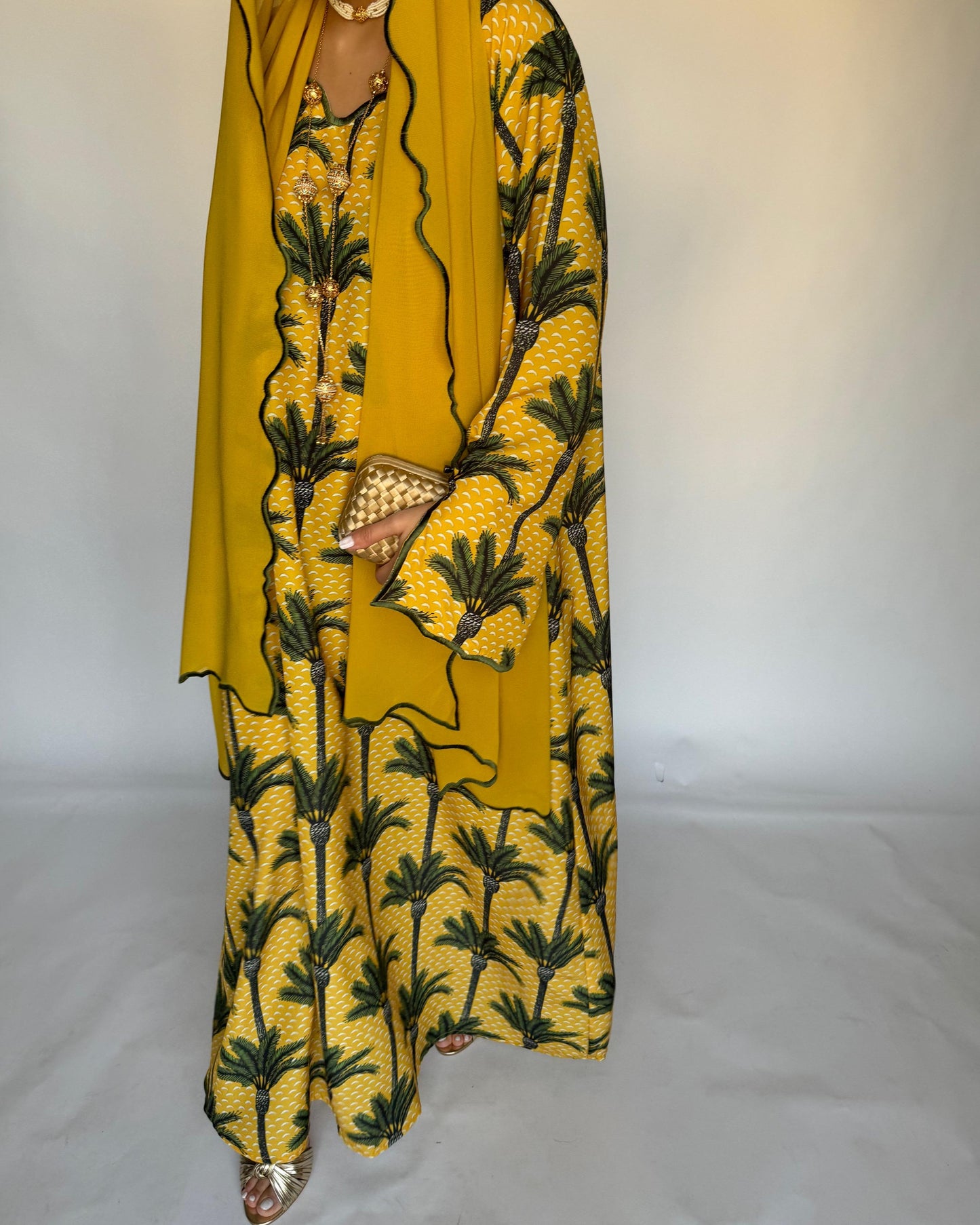 A341 - Yellow & Green Palm Tree Pattern Jalabiya and Head Scarf