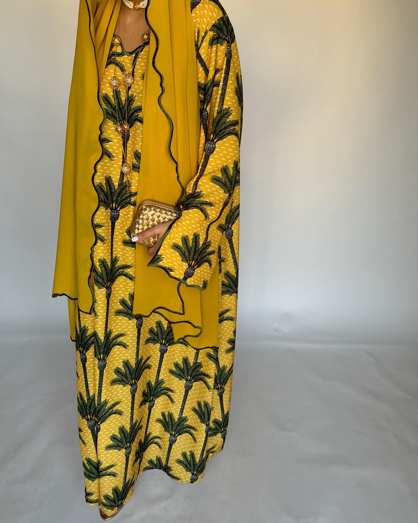 A341 - Yellow & Green Palm Tree Pattern Jalabiya and Head Scarf