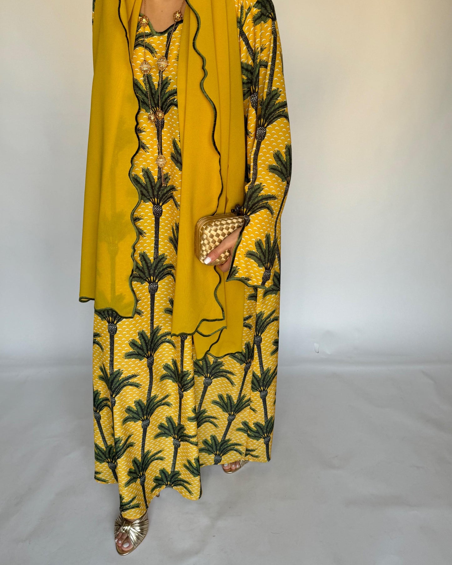 A341 - Yellow & Green Palm Tree Pattern Jalabiya and Head Scarf