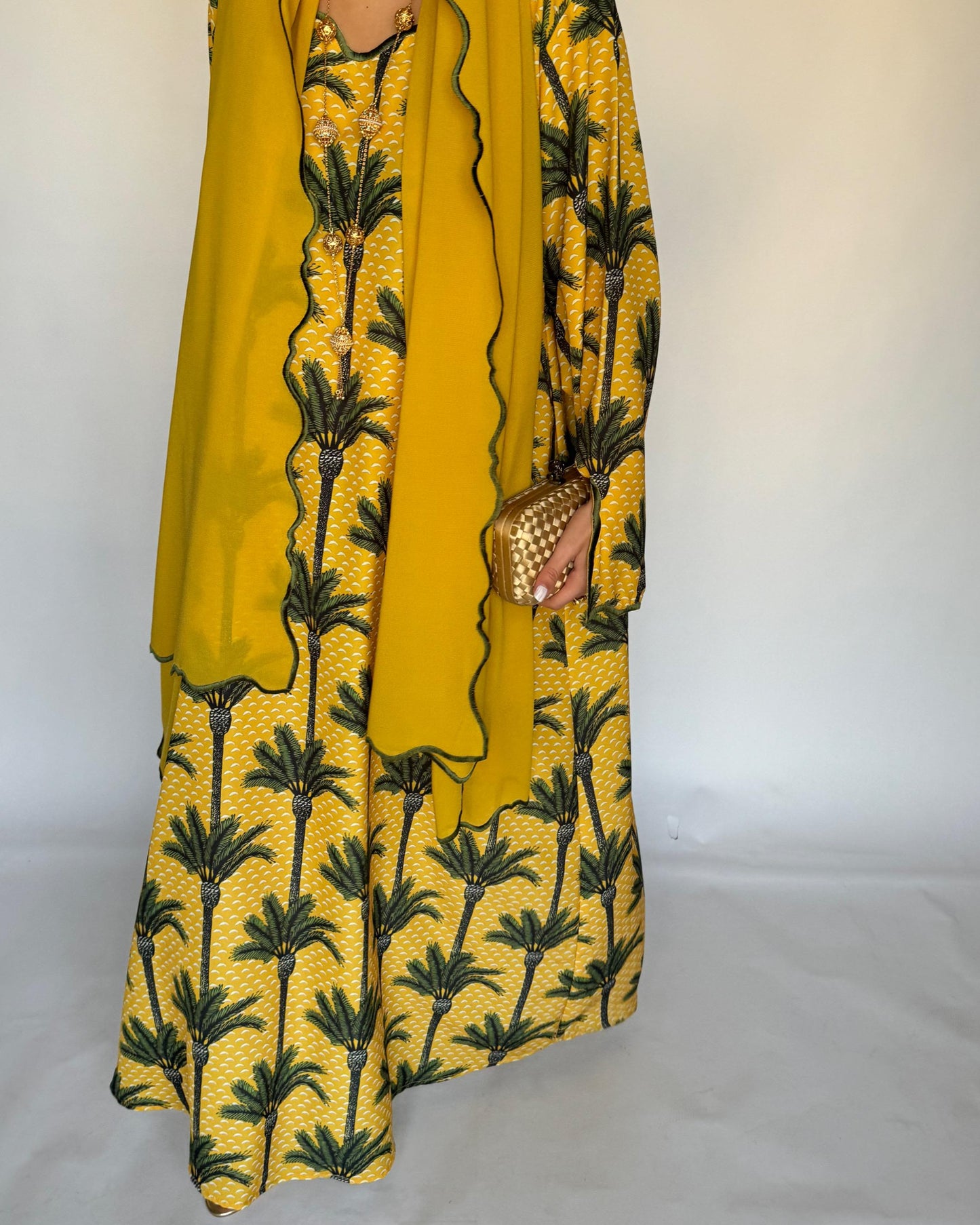 A341 - Yellow & Green Palm Tree Pattern Jalabiya and Head Scarf