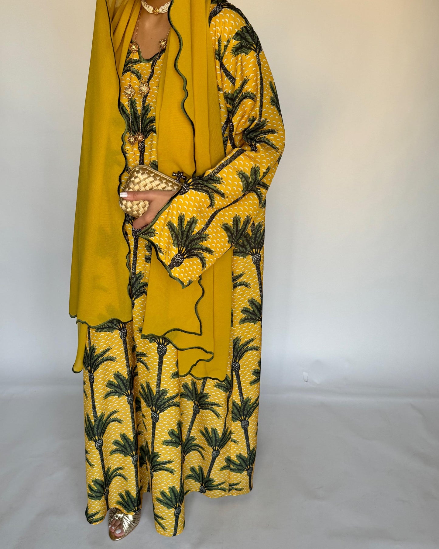 A341 - Yellow & Green Palm Tree Pattern Jalabiya and Head Scarf