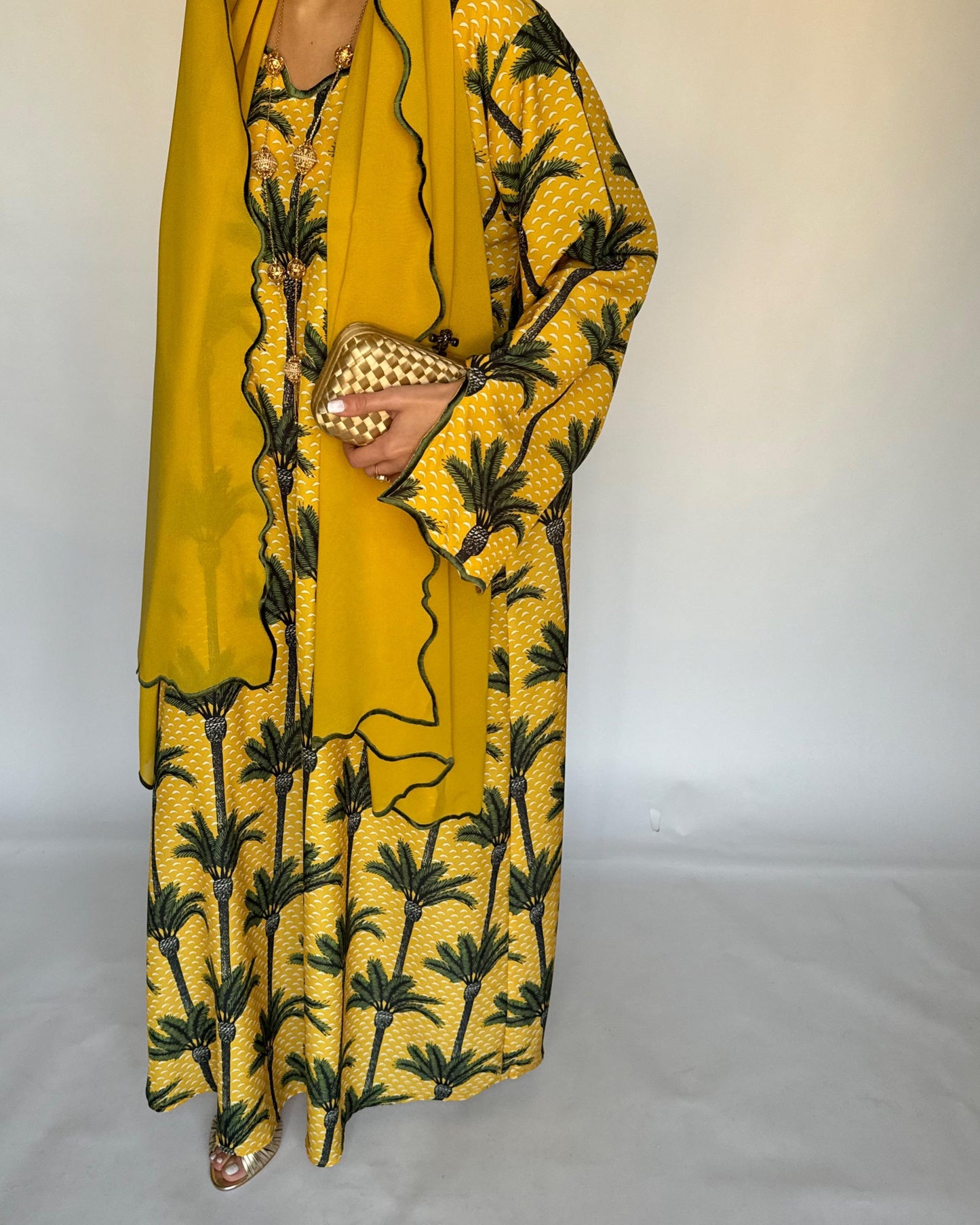 A341 - Yellow & Green Palm Tree Pattern Jalabiya and Head Scarf