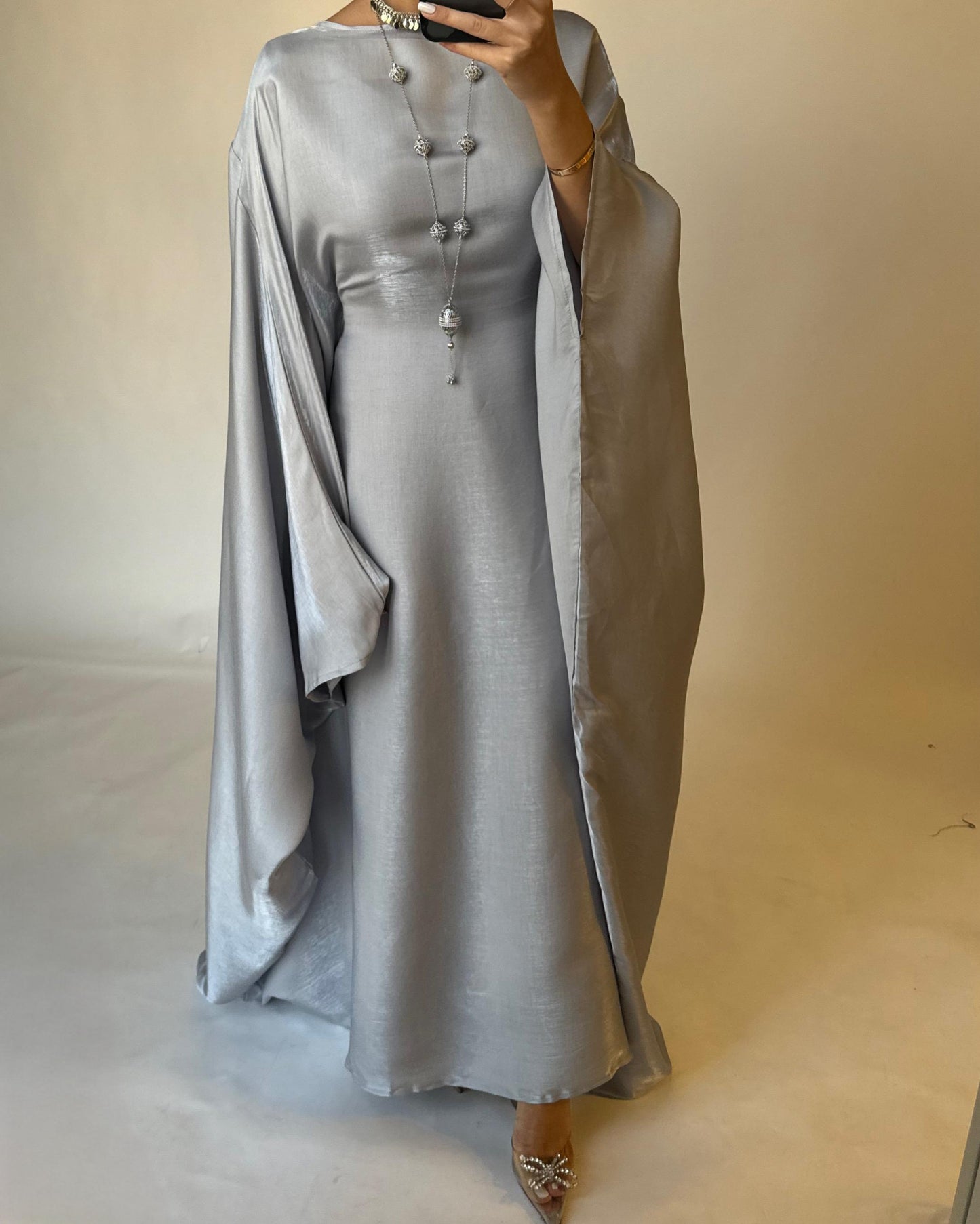 A373 - Gray Butterfly Cut Organza Jalabiya (READY TO SHIP)