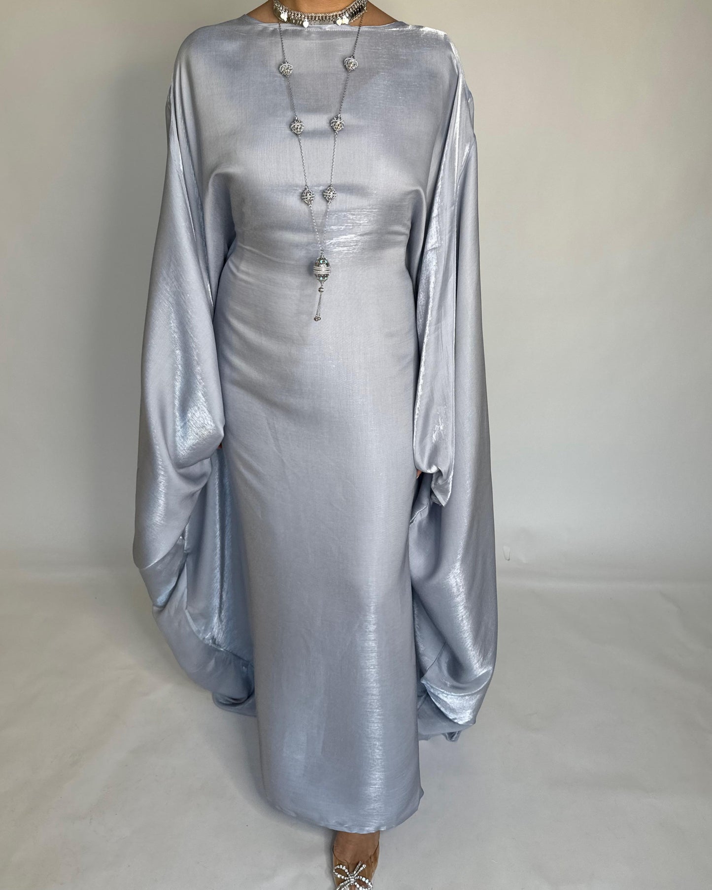A373 - Gray Butterfly Cut Organza Jalabiya (READY TO SHIP)
