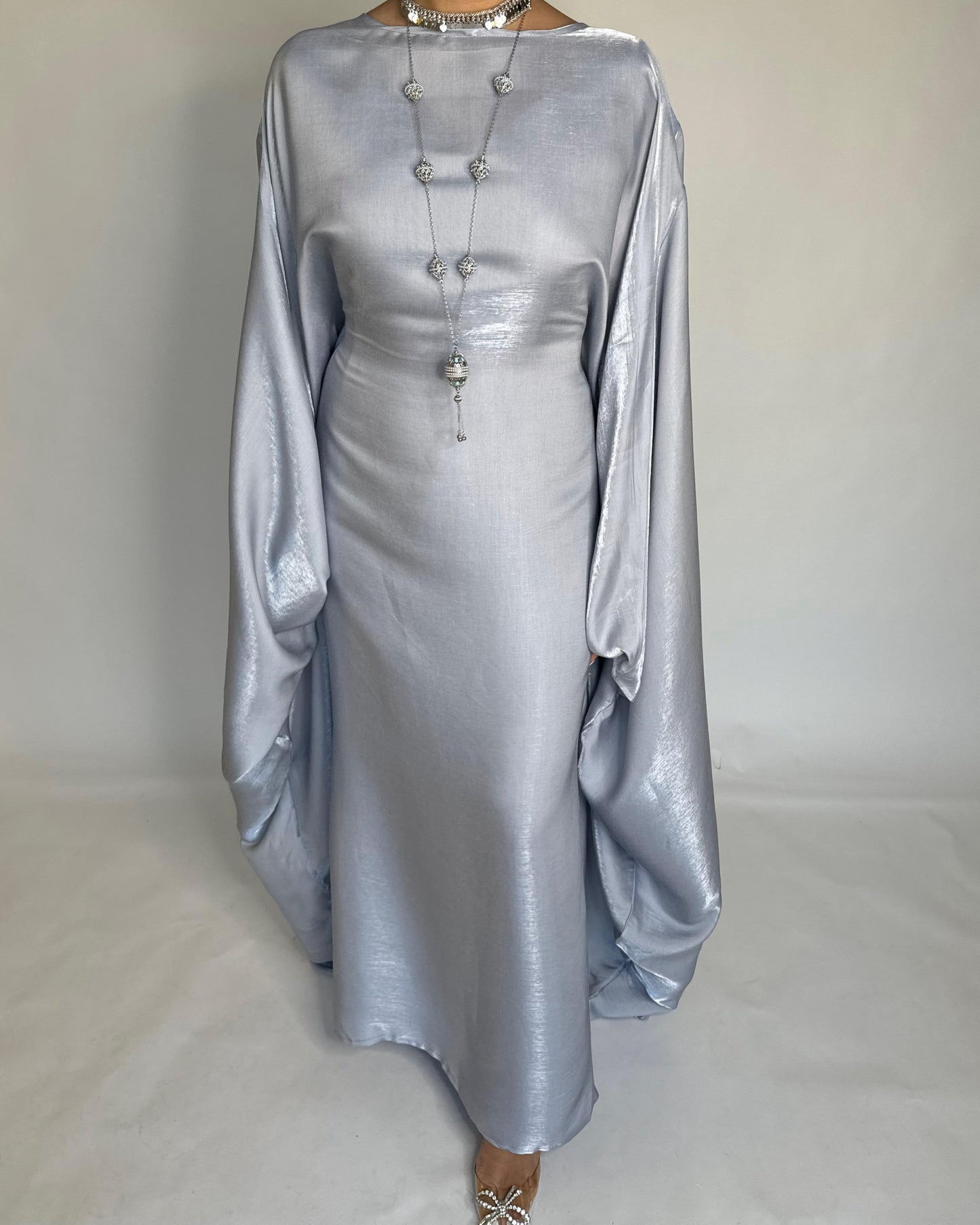 A373 - Gray Butterfly Cut Organza Jalabiya (READY TO SHIP)