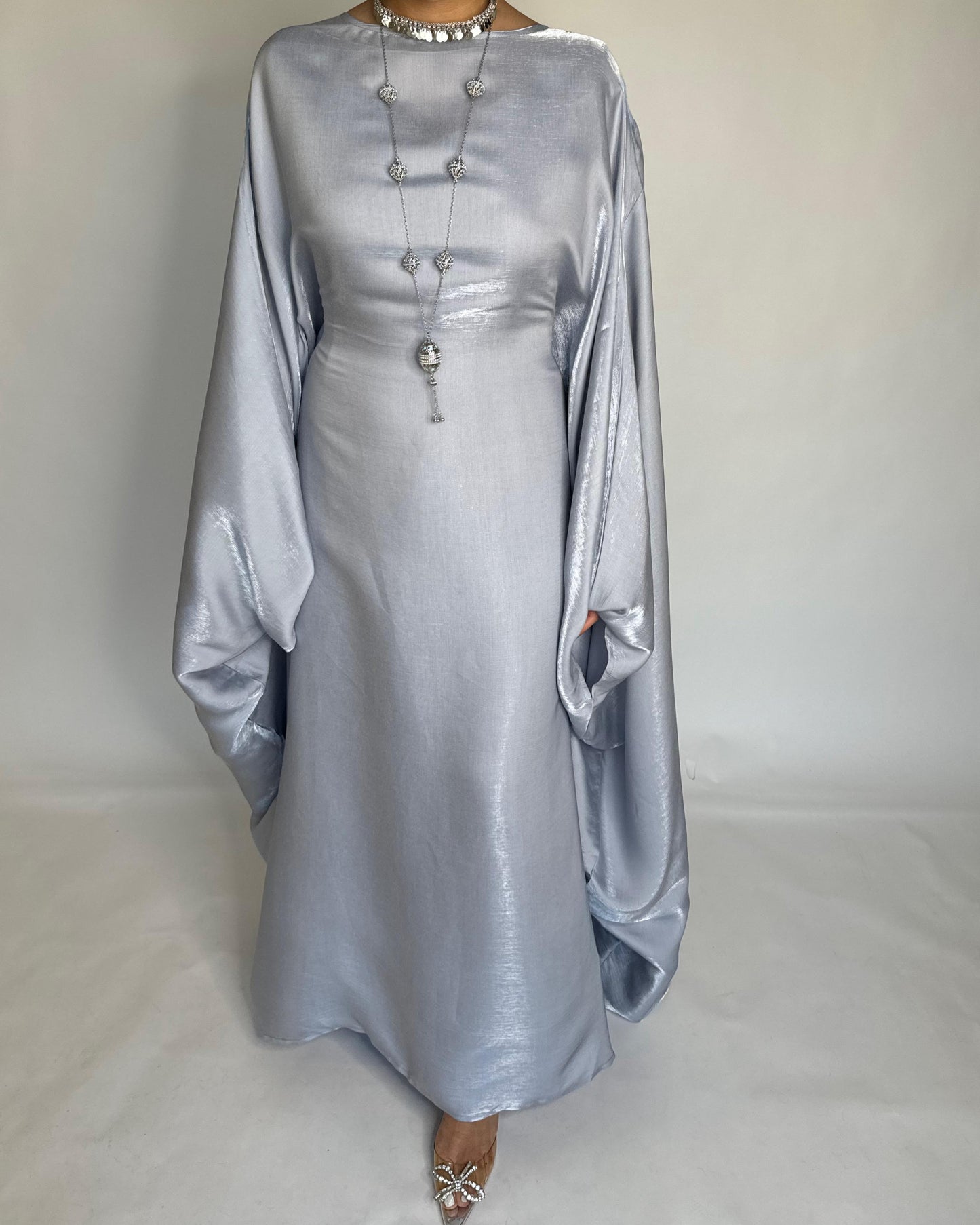 A373 - Gray Butterfly Cut Organza Jalabiya (READY TO SHIP)