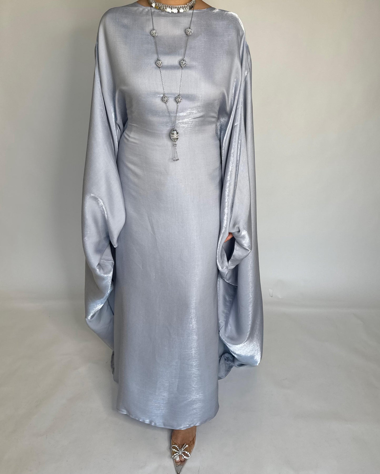 A373 - Gray Butterfly Cut Organza Jalabiya (READY TO SHIP)