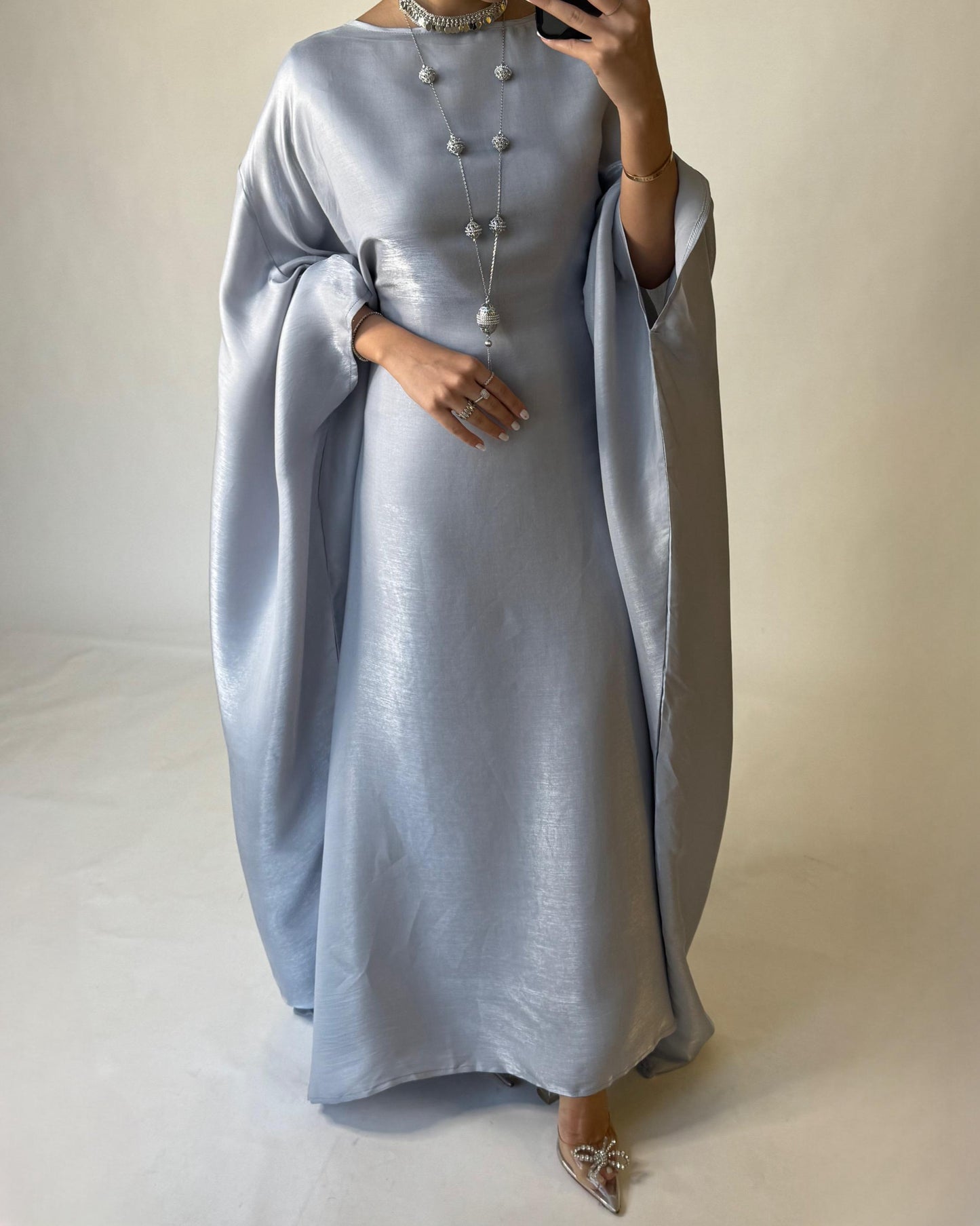A373 - Gray Butterfly Cut Organza Jalabiya (READY TO SHIP)