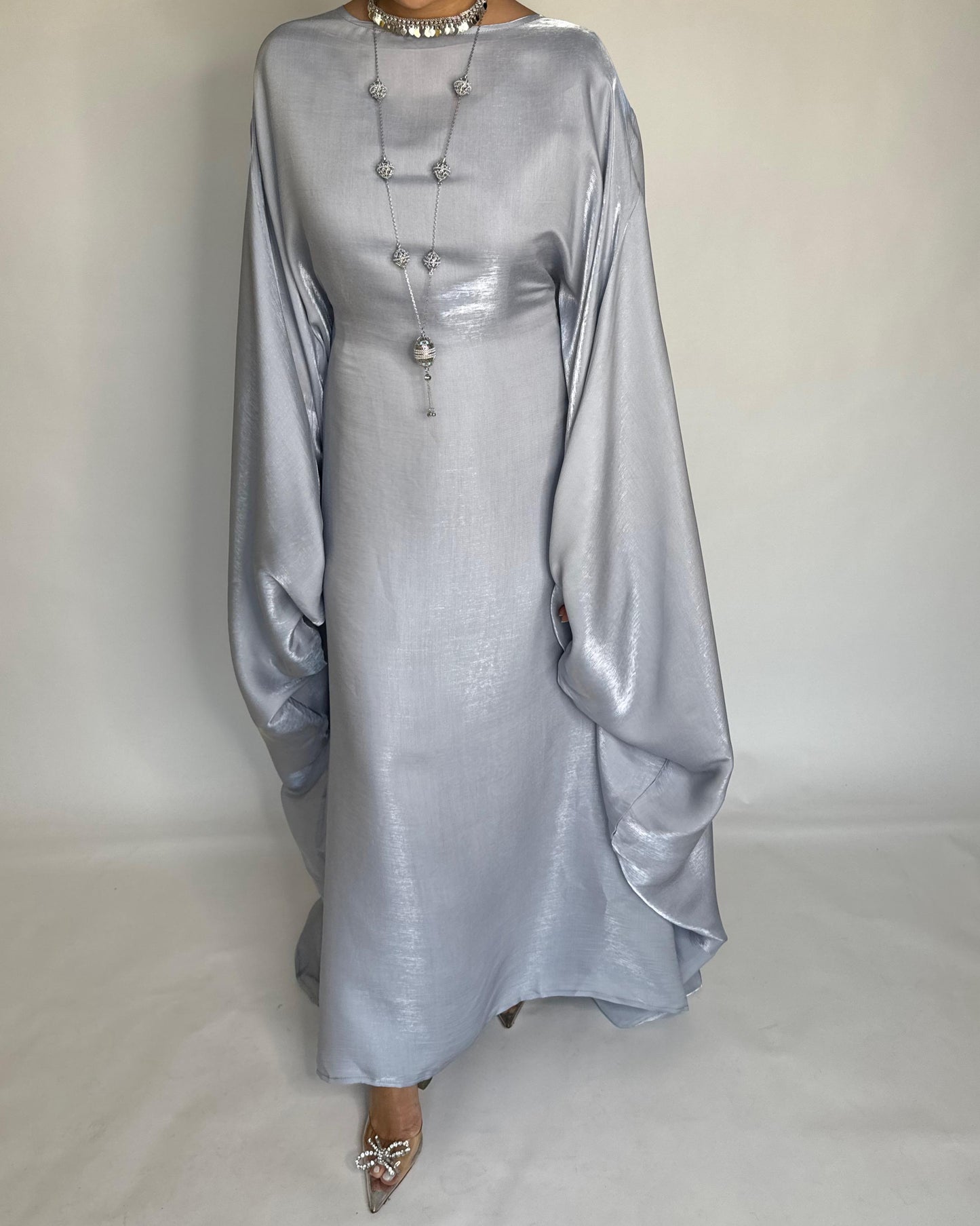 A373 - Gray Butterfly Cut Organza Jalabiya (READY TO SHIP)
