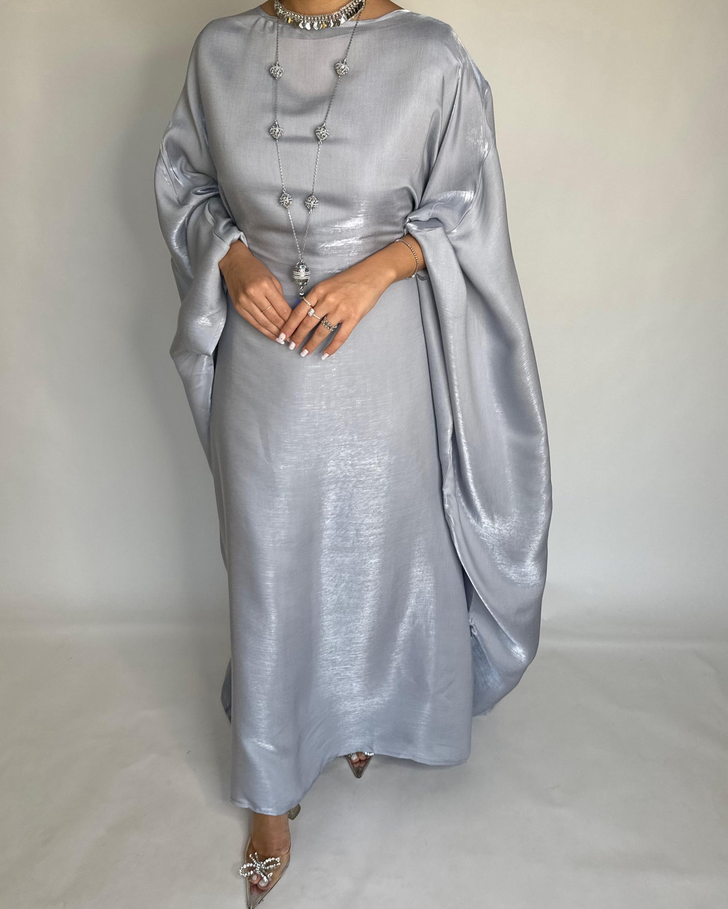 A373 - Gray Butterfly Cut Organza Jalabiya (READY TO SHIP)