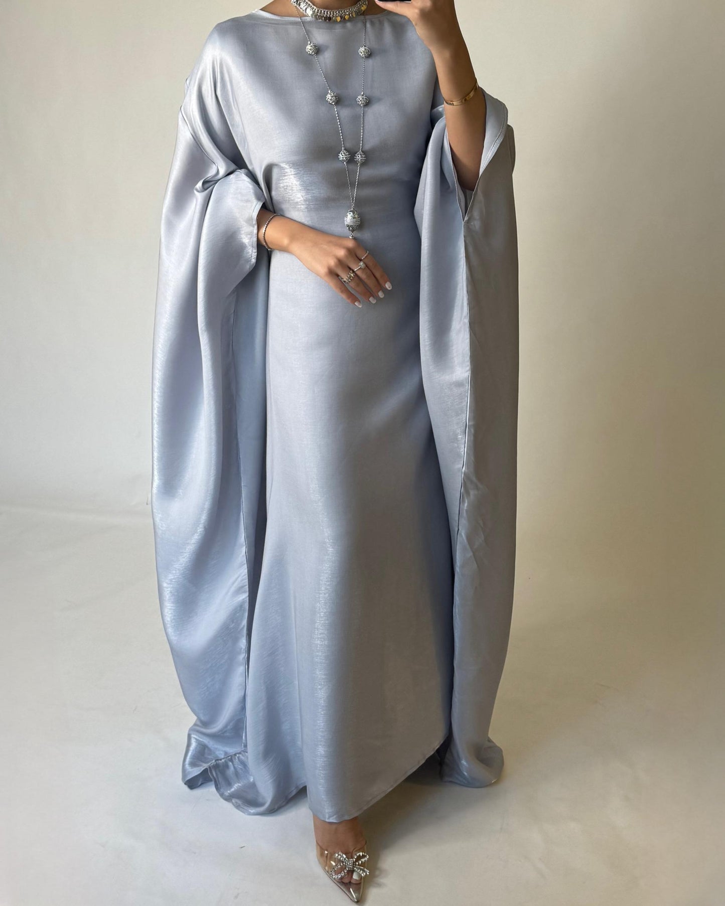 A373 - Gray Butterfly Cut Organza Jalabiya (READY TO SHIP)