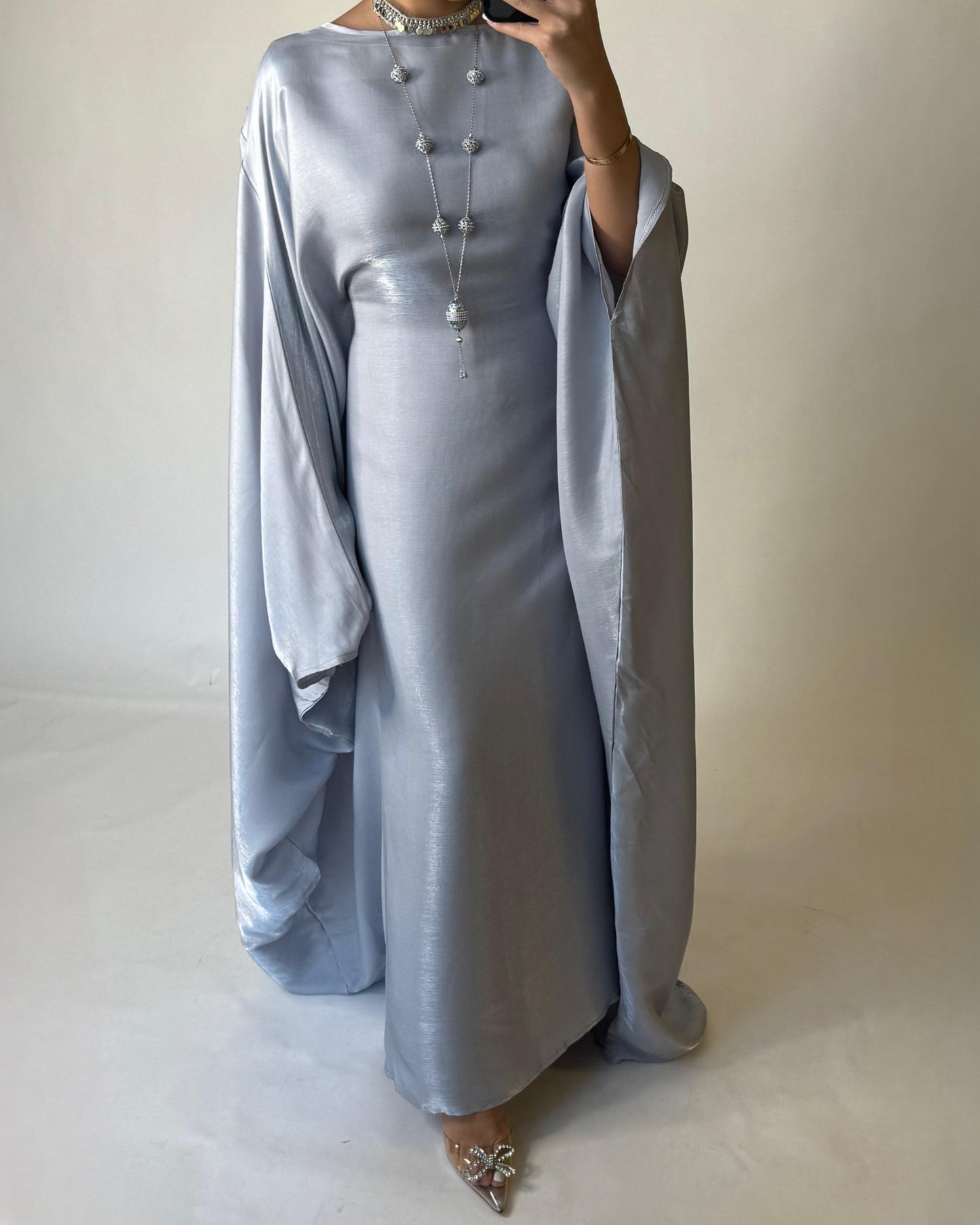 A373 - Gray Butterfly Cut Organza Jalabiya (READY TO SHIP)