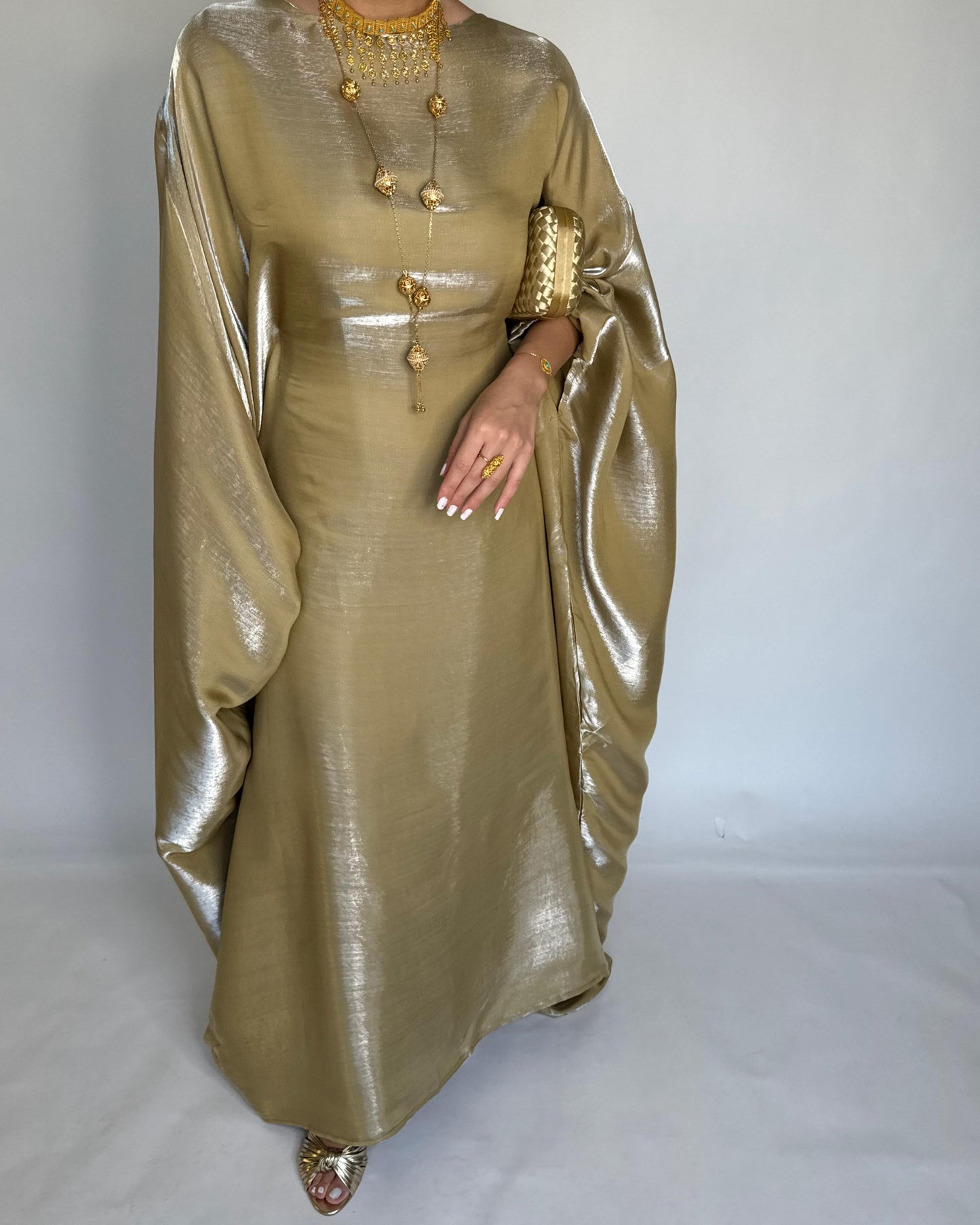 A375 - Goldish Green Butterfly Cut Organza Jalabiya (READY TO SHIP)