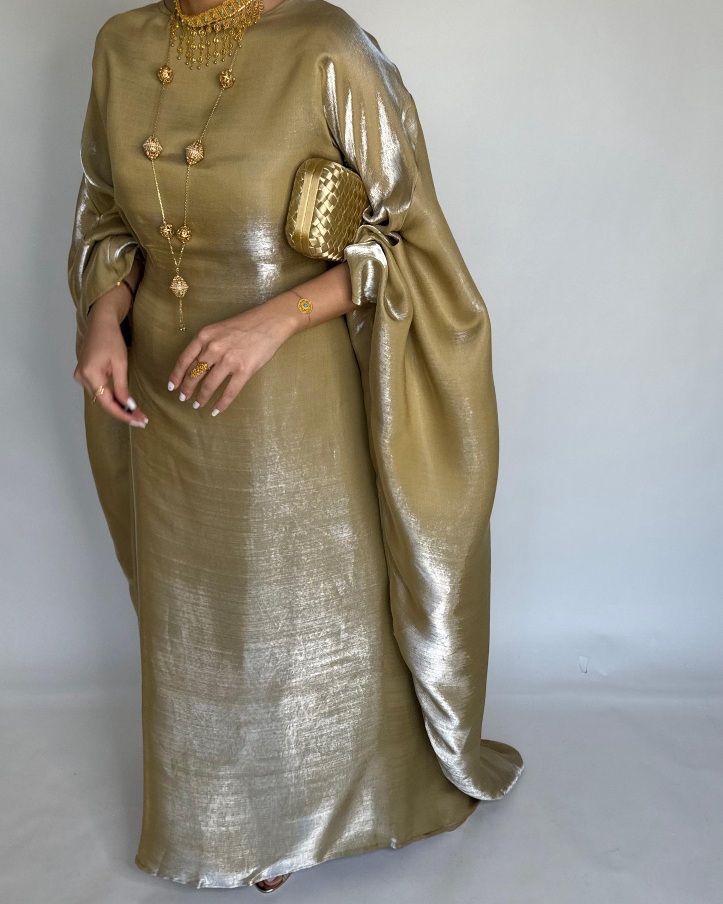 A375 - Goldish Green Butterfly Cut Organza Jalabiya (READY TO SHIP)