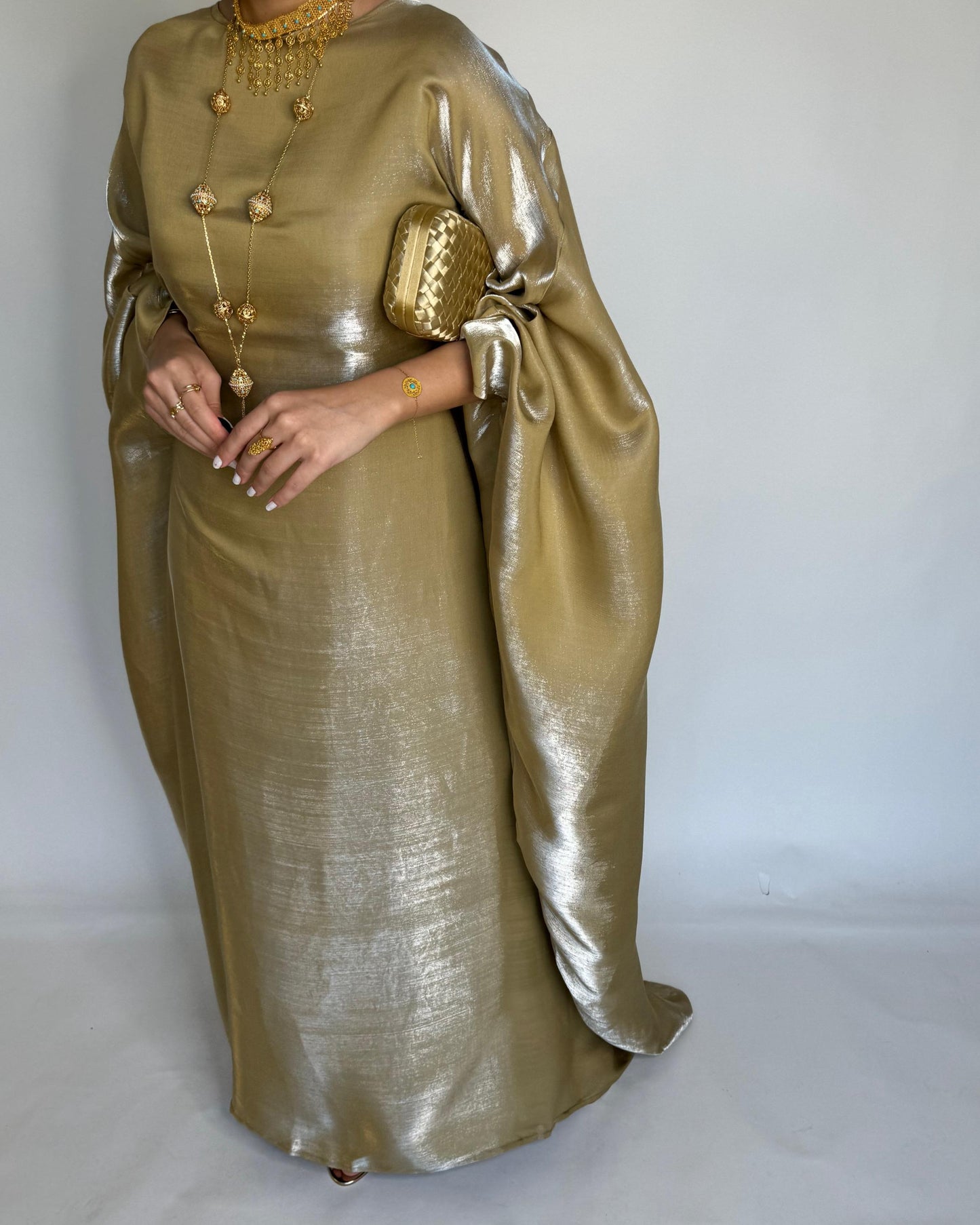 A375 - Goldish Green Butterfly Cut Organza Jalabiya (READY TO SHIP)