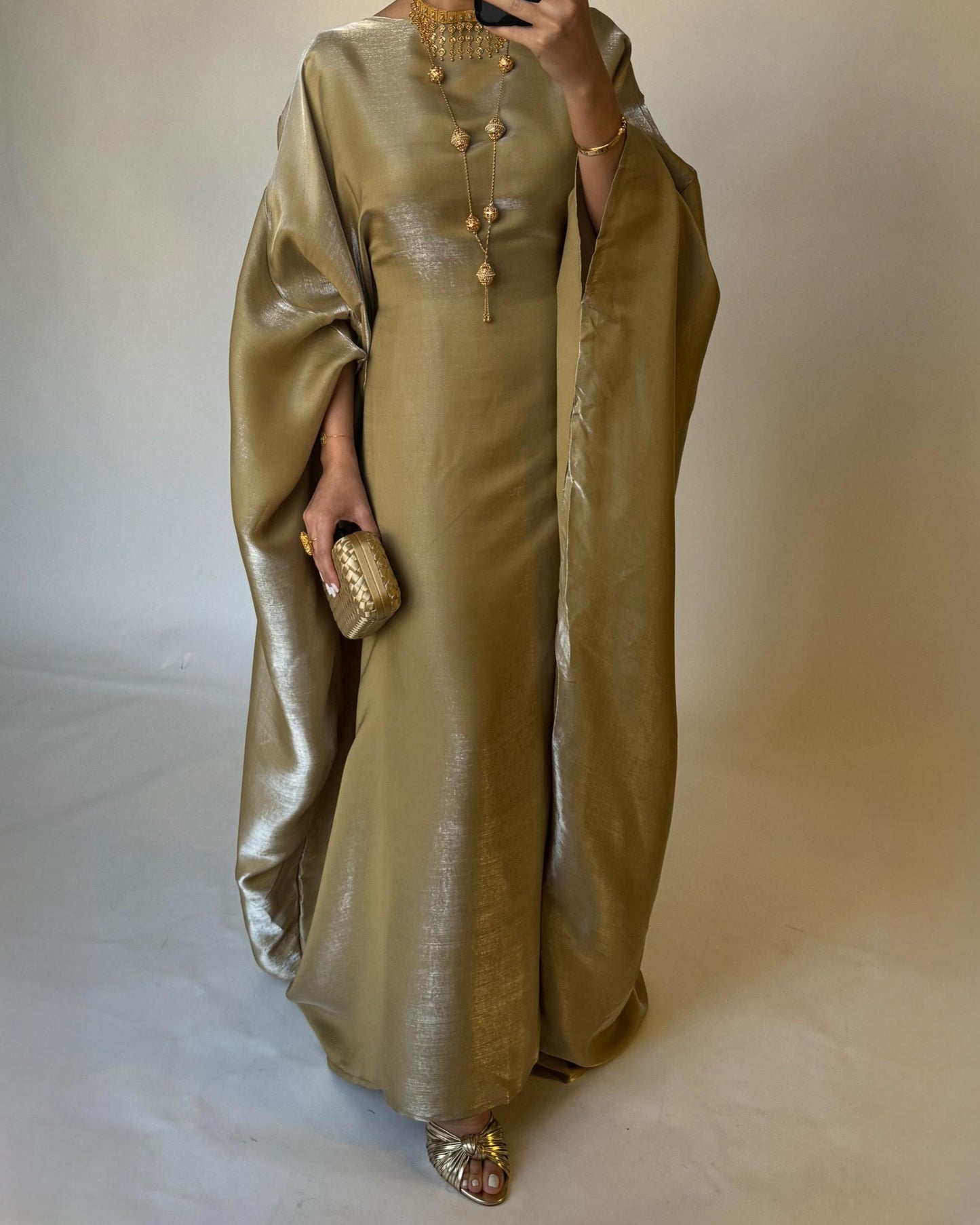 A375 - Goldish Green Butterfly Cut Organza Jalabiya (READY TO SHIP)