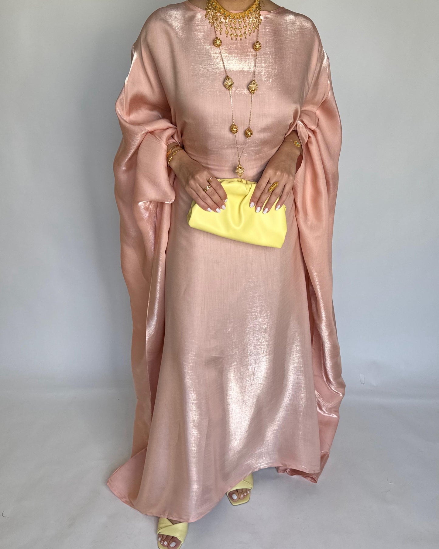 A371 - Peach Butterfly Cut Organza Jalabiya (READY TO SHIP)