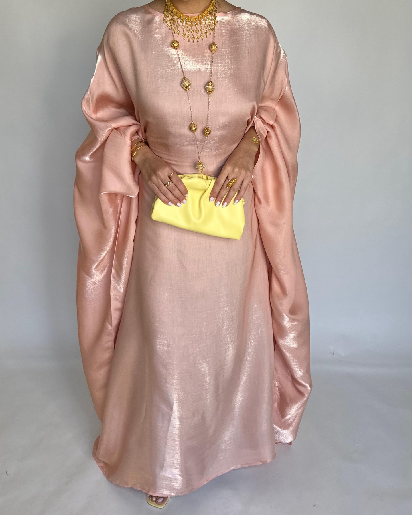 A371 - Peach Butterfly Cut Organza Jalabiya (READY TO SHIP)