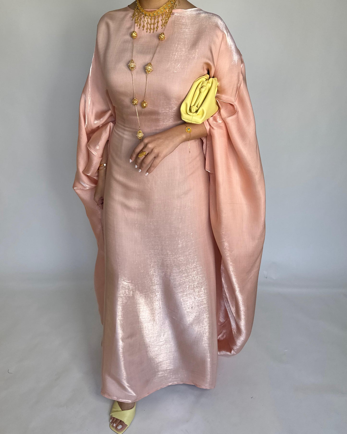 A371 - Peach Butterfly Cut Organza Jalabiya (READY TO SHIP)