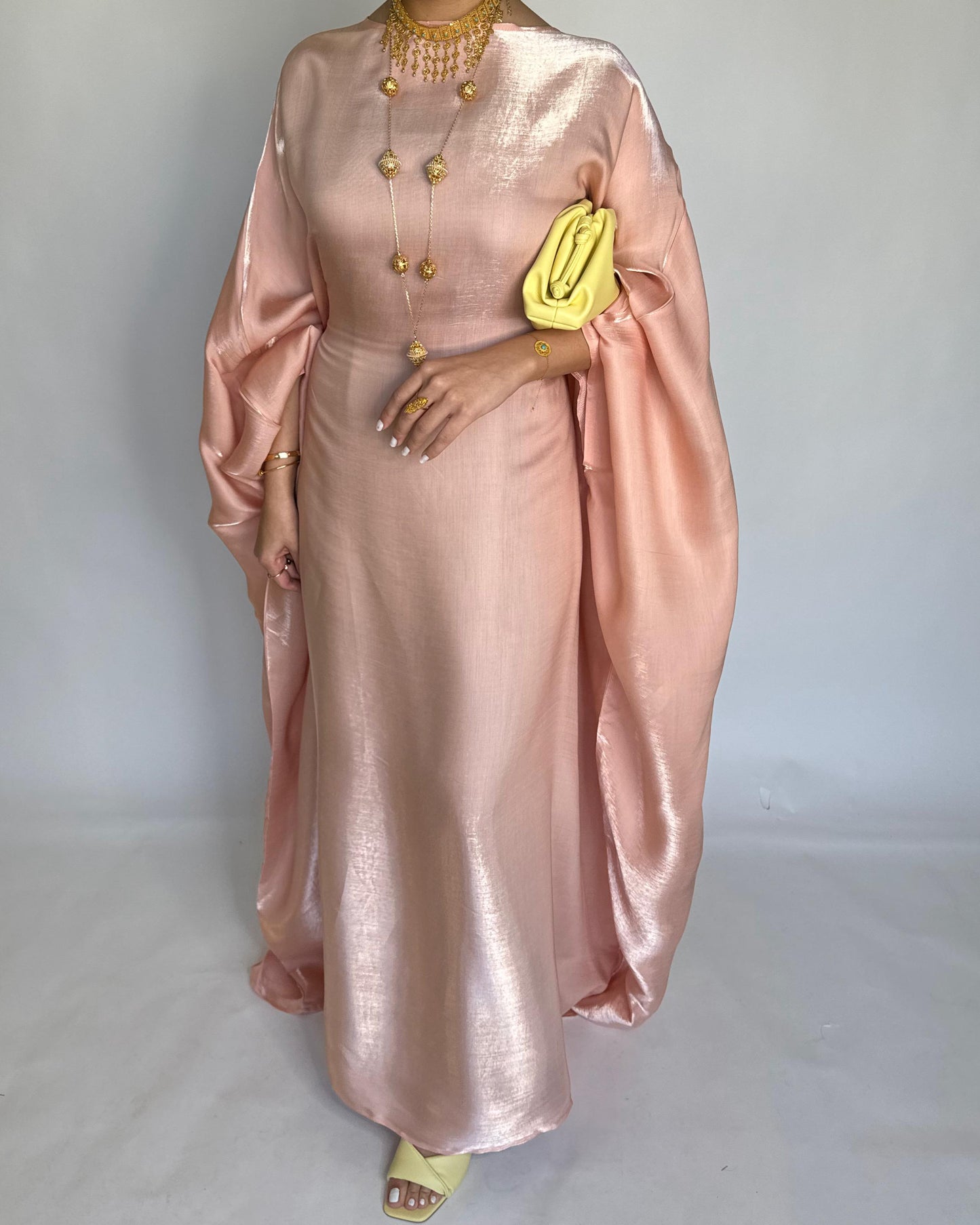 A371 - Peach Butterfly Cut Organza Jalabiya (READY TO SHIP)